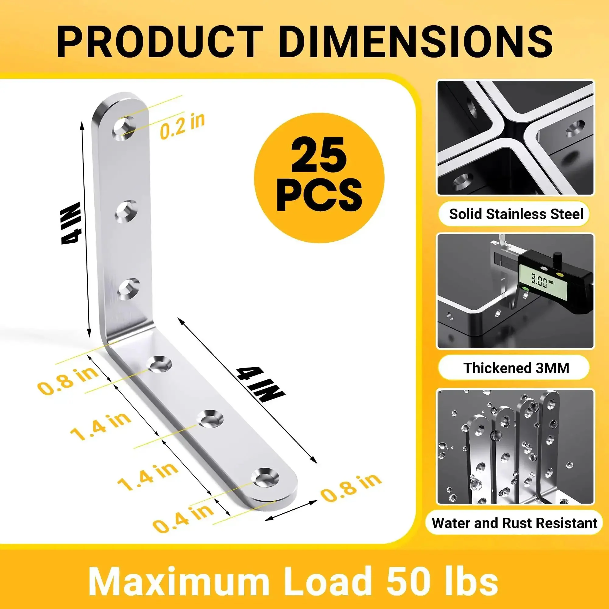 Sturdy Stainless Steel 4x4 Angle Brackets 3mm Thick Heavy Duty 90 Degree Corner Braces For Wood Shelves Cabinets Furniture Bookshelves 25 Pack Reinforcement Hardware For DIY Woodworking Projects - Image 7