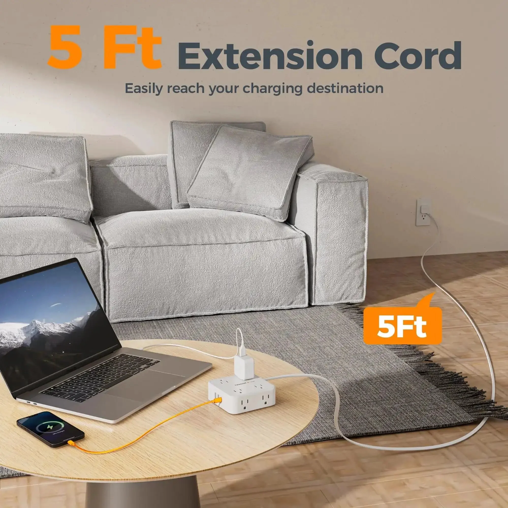 Surge Protector Power Strip With 8 Outlets And 3 USB Ports Including USB C 5 Ft Flat Plug 1250W 900J Surge Protection 3 Sided Outlet Extender With Power Switch For Office Or Dorm Use White - Image 7