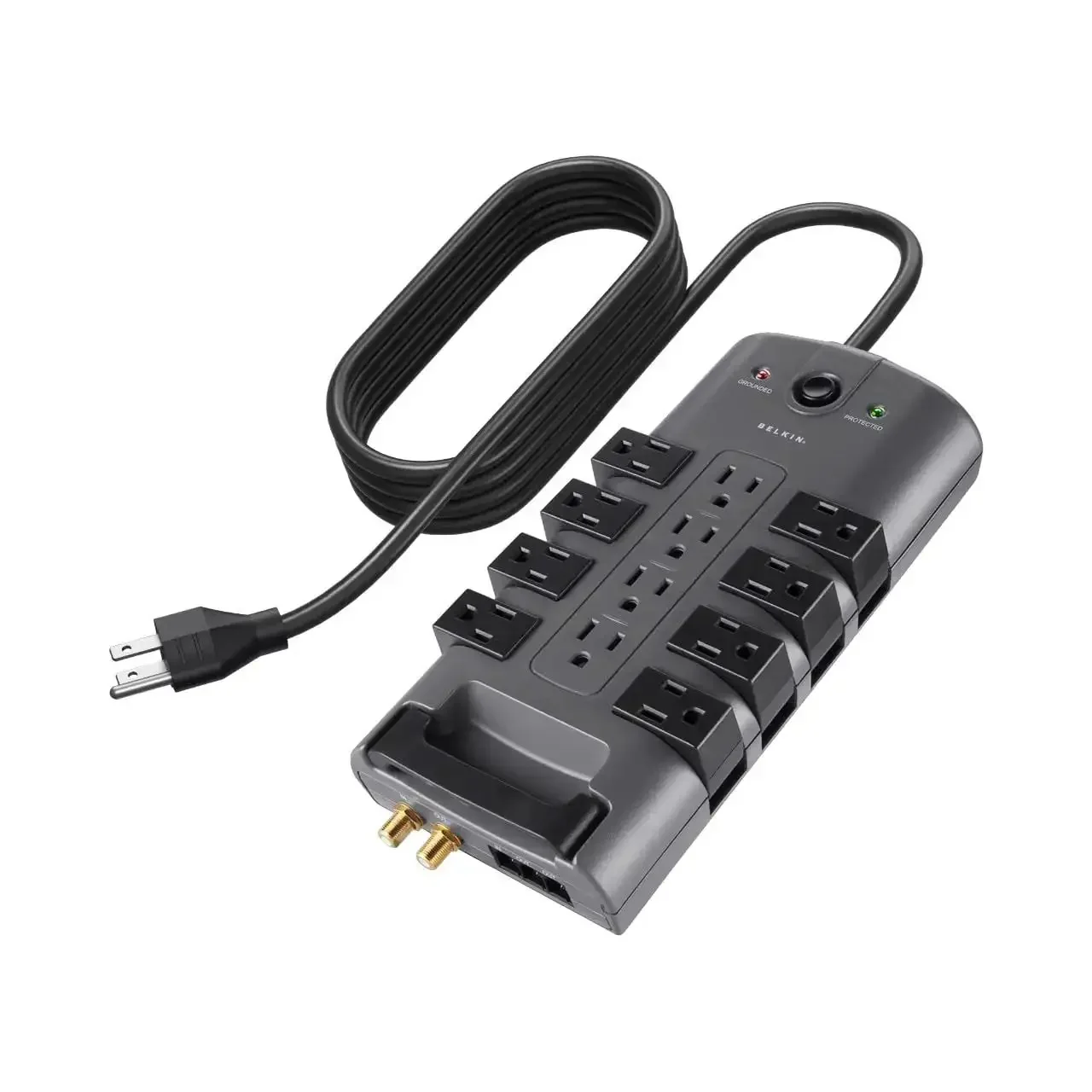 Surge Protector Power Strip With Eight Rotating Outlets And Four Standard Sockets, Eight-Foot Extension Cord, Flat Pivot Plug, 4320 Joules Of Protection For Home Office Travel Desktop And Charging Gear