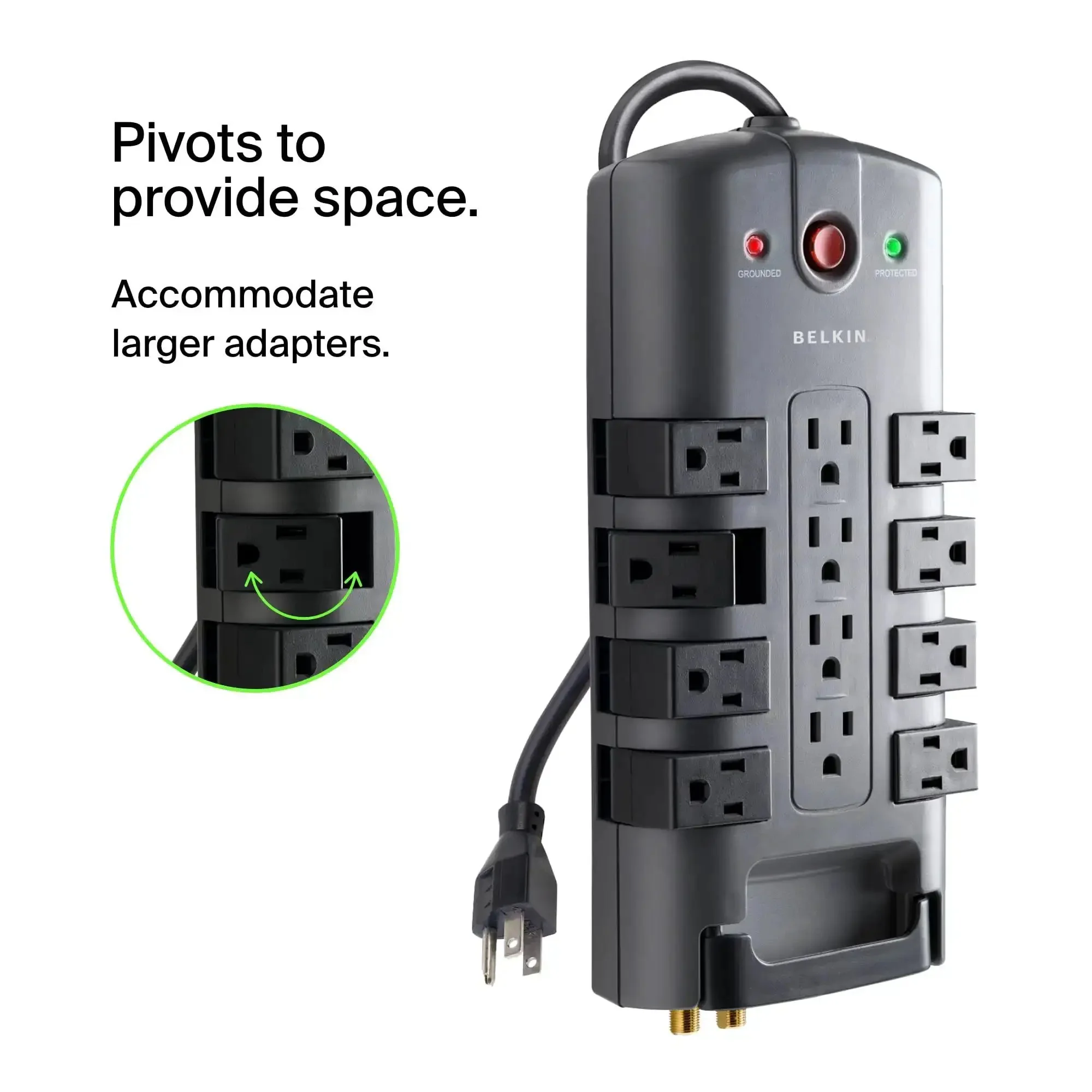 Surge Protector Power Strip With Eight Rotating Outlets And Four Standard Sockets, Eight-Foot Extension Cord, Flat Pivot Plug, 4320 Joules Of Protection For Home Office Travel Desktop And Charging Gear - Image 4