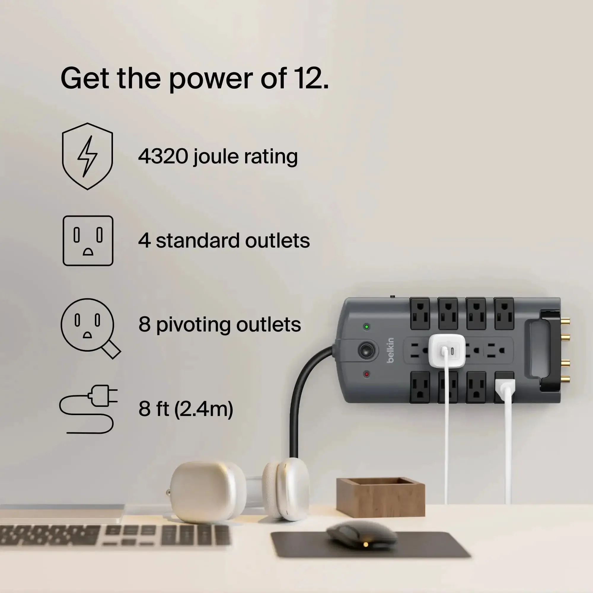 Surge Protector Power Strip With Eight Rotating Outlets And Four Standard Sockets, Eight-Foot Extension Cord, Flat Pivot Plug, 4320 Joules Of Protection For Home Office Travel Desktop And Charging Gear - Image 7