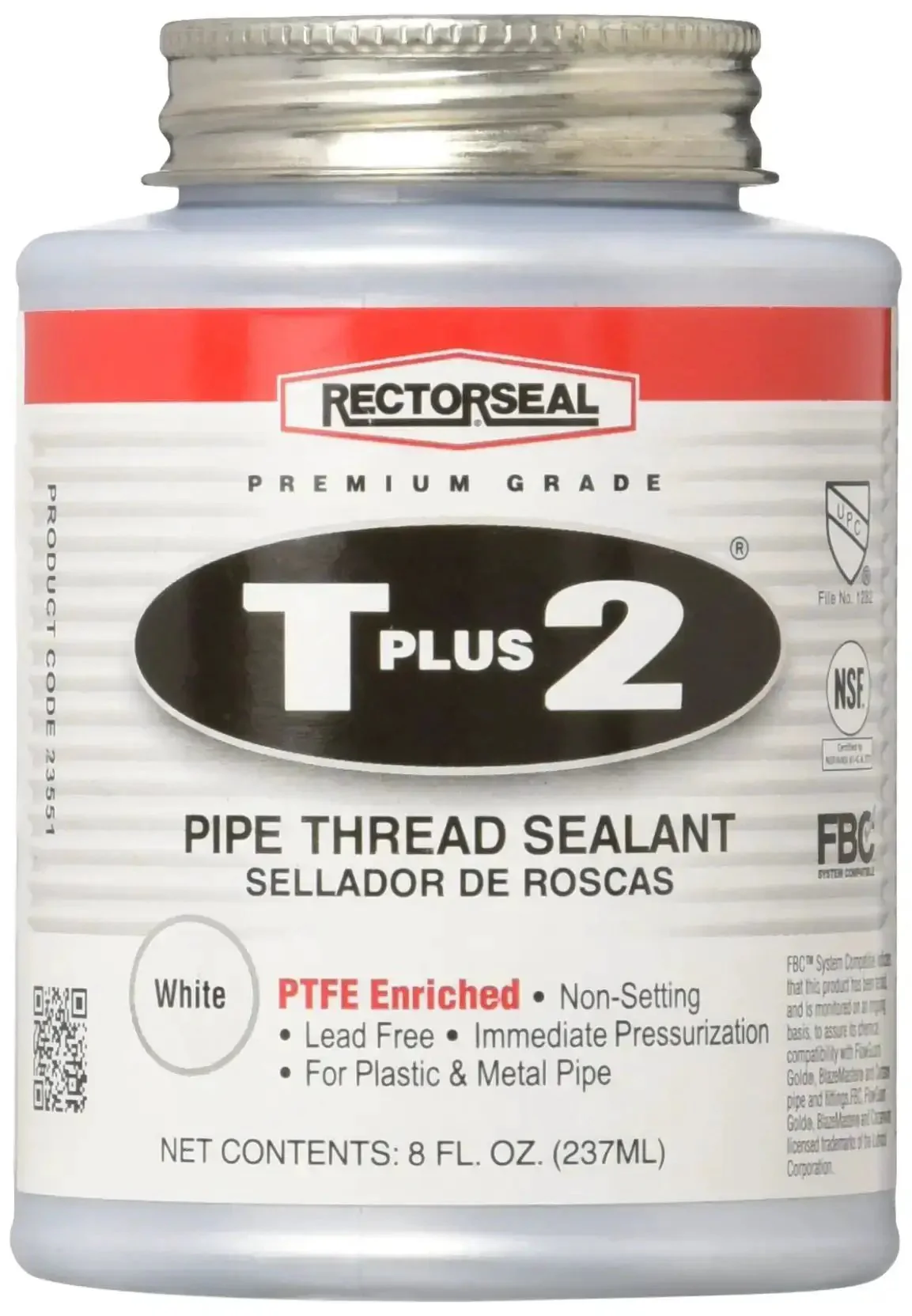T Plus 2 Pipe Thread Sealant With PTFE White Non Setting 8 Oz Brush Top No Mess Applicator Meets TT-S-1732 Standard For Leak Free Plumbing Threads And Fittings