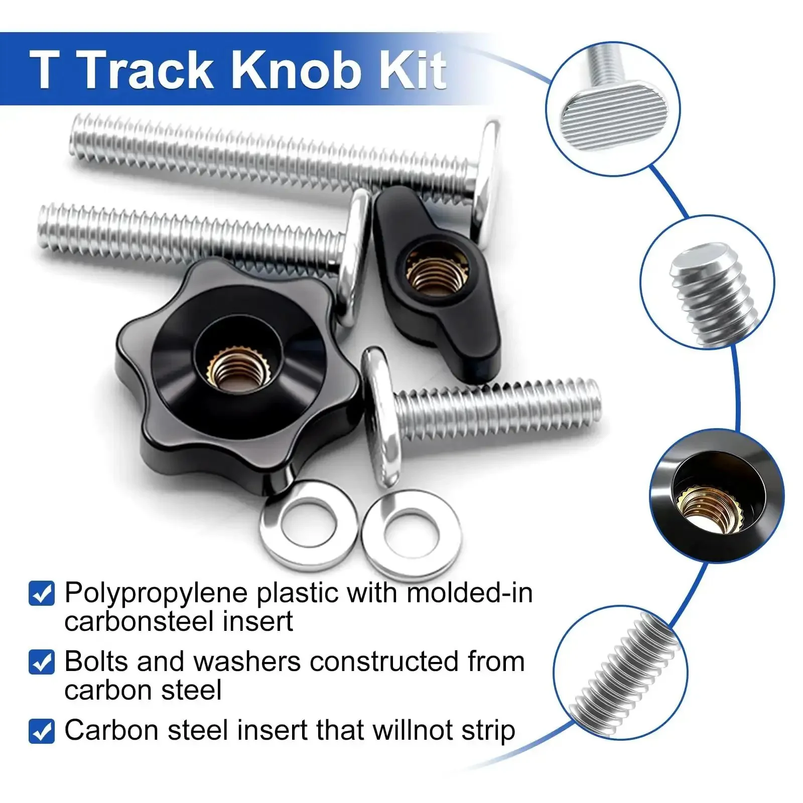 T Track Knob Kit Set For Woodworking Jigs And Fixtures With 1/4-20 Thread Includes Star Knobs And T Knobs Three Bolt Lengths 1 In 1-1/2 In 2 In Plus 10 Washers And 30 Pieces Totally Handy For DIY Projects - Image 4