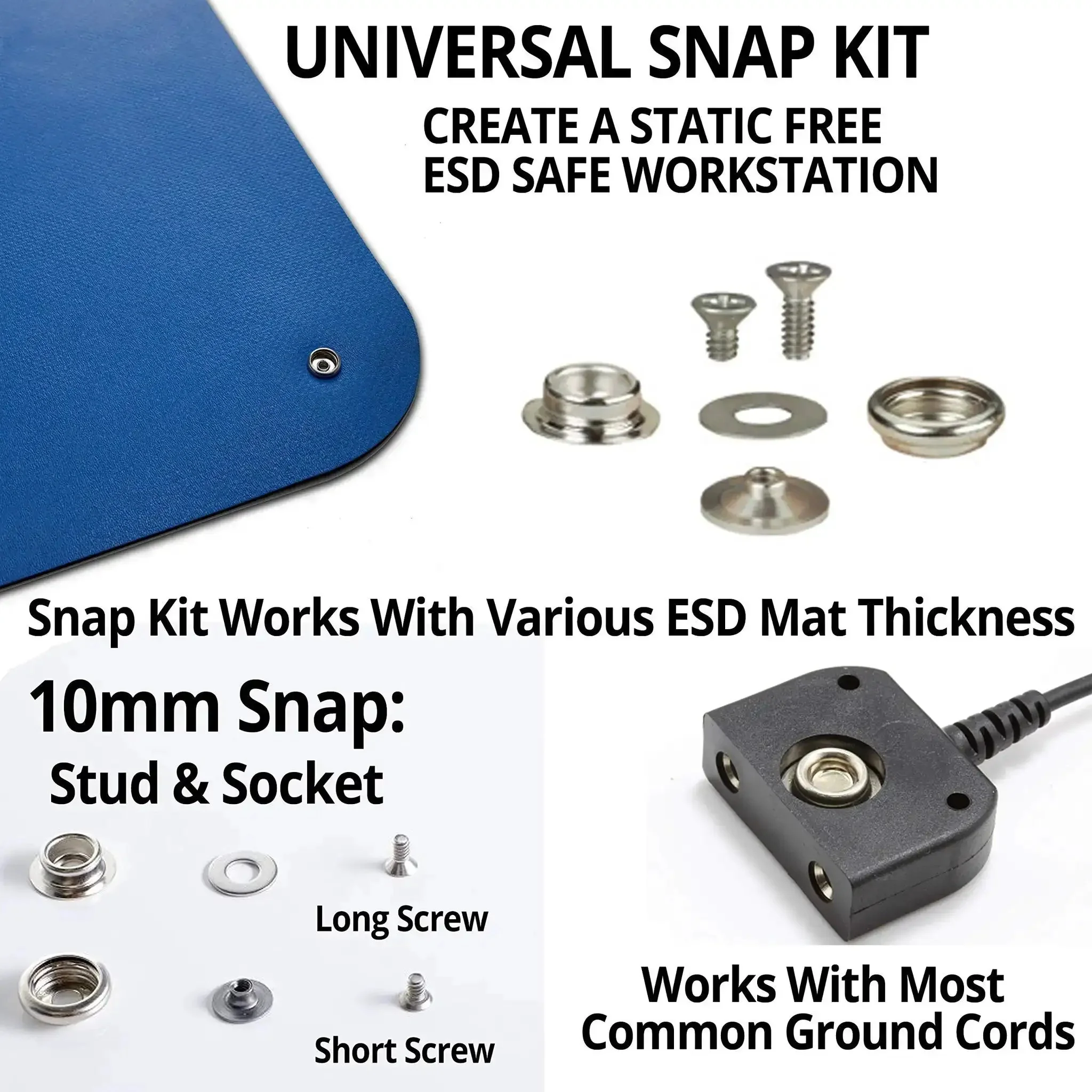 Table Mat Grounding Kit With Universal Snap Kit And 15 Foot 1M Ohm Ground Cord For ESD Safe Work Surfaces Works With 10mm Snap Or Stud Mats ANSI ESD S2020 Compliant Low Profile Grounding Solution - Image 2