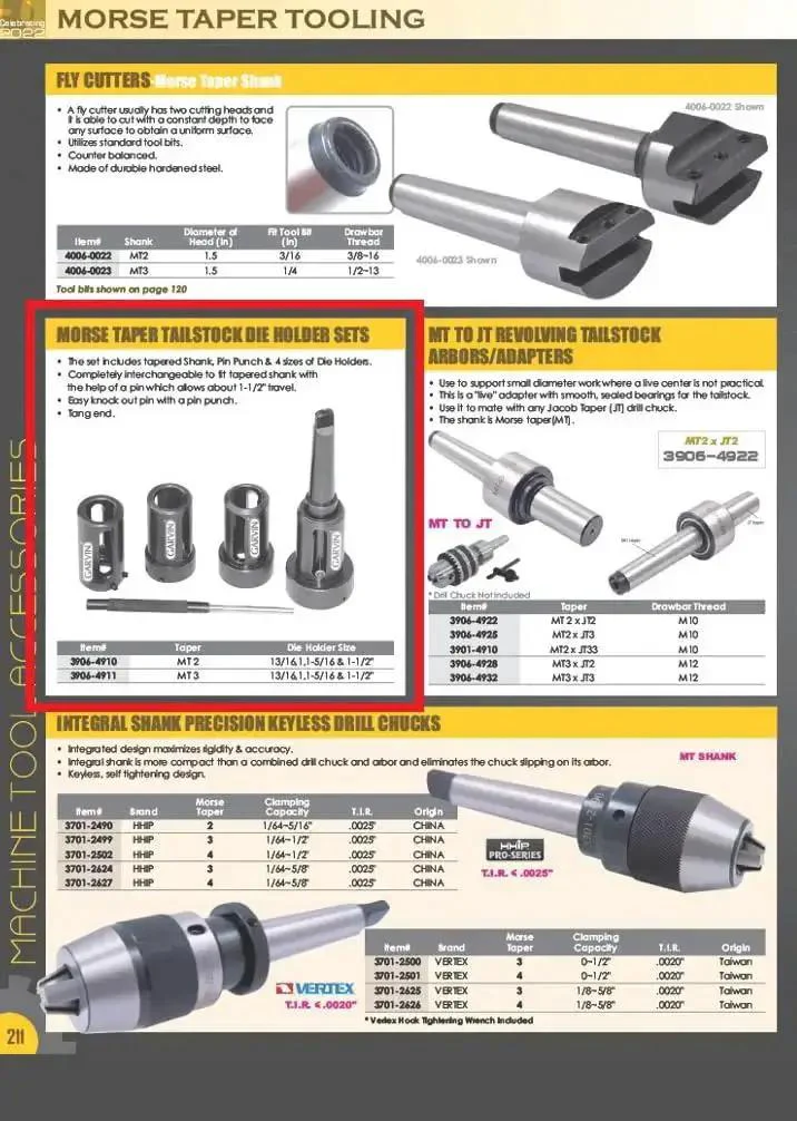 Tailstock Die Holder Set With MT3 Tapered Shank Includes Pin Punch And Four Die Holders In Thirteen Sixteenths, One, One And Five Sixteenths And One And One Half Inch Sizes For Easy Interchangeability And Heavy Duty Performance - Image 3