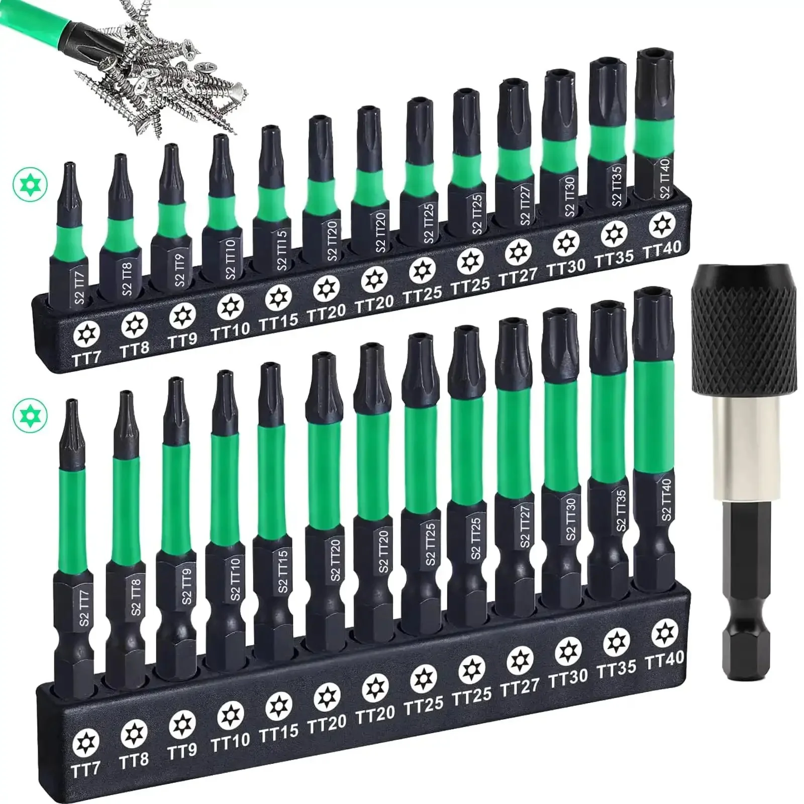 Tamper-Proof Torx Bit Set 27-Piece For Impact Drivers, Boss-Level Security Torx TT7 To TT40, Quarter-Inch Hex Shank, 1 Inch And 2 Inch Bits, S2 Steel Magnetic CNC Tips, Locking Bit Holder, Storage Case