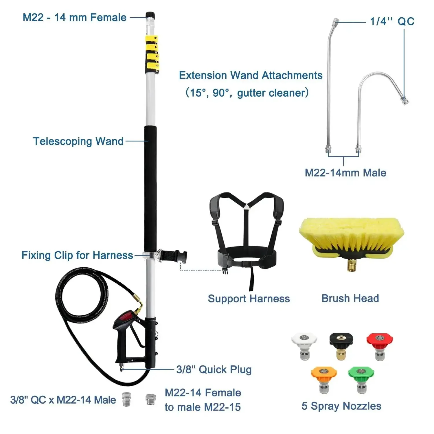 Telescoping Pressure Washer Wand With 24 Ft Reach No Ladder Needed Extension Wand Gutter Cleaner Attachment Five Spray Nozzle Tips Two Hose Inlet Adapters Support Harness Lightweight Aluminum - Image 4