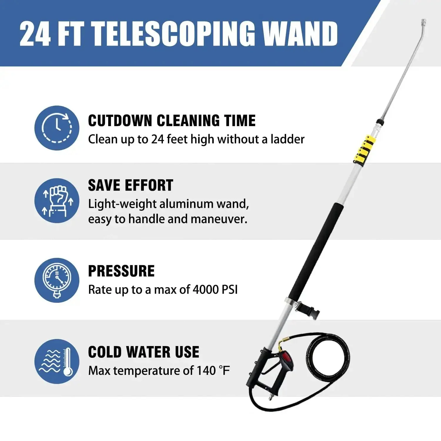 Telescoping Pressure Washer Wand With 24 Ft Reach No Ladder Needed Extension Wand Gutter Cleaner Attachment Five Spray Nozzle Tips Two Hose Inlet Adapters Support Harness Lightweight Aluminum - Image 7