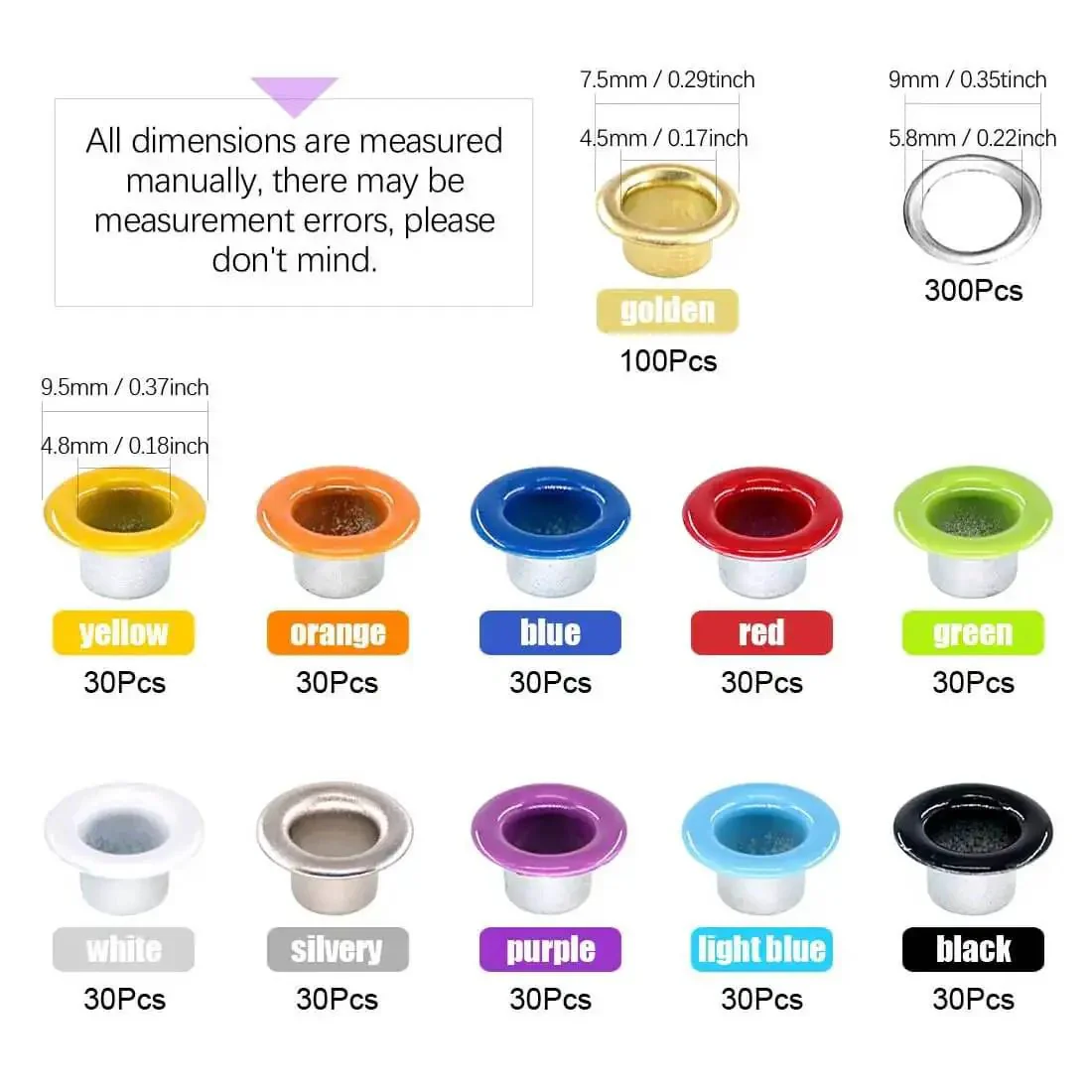 Ten Colors 300 Pcs Metal Grommets Kit With 3/16 Inch Eyelets And 1 Pcs Hole Punch Pliers Plus 100 Gold Grommets For Leather Fabric Belts Clothes DIY Projects - Image 7