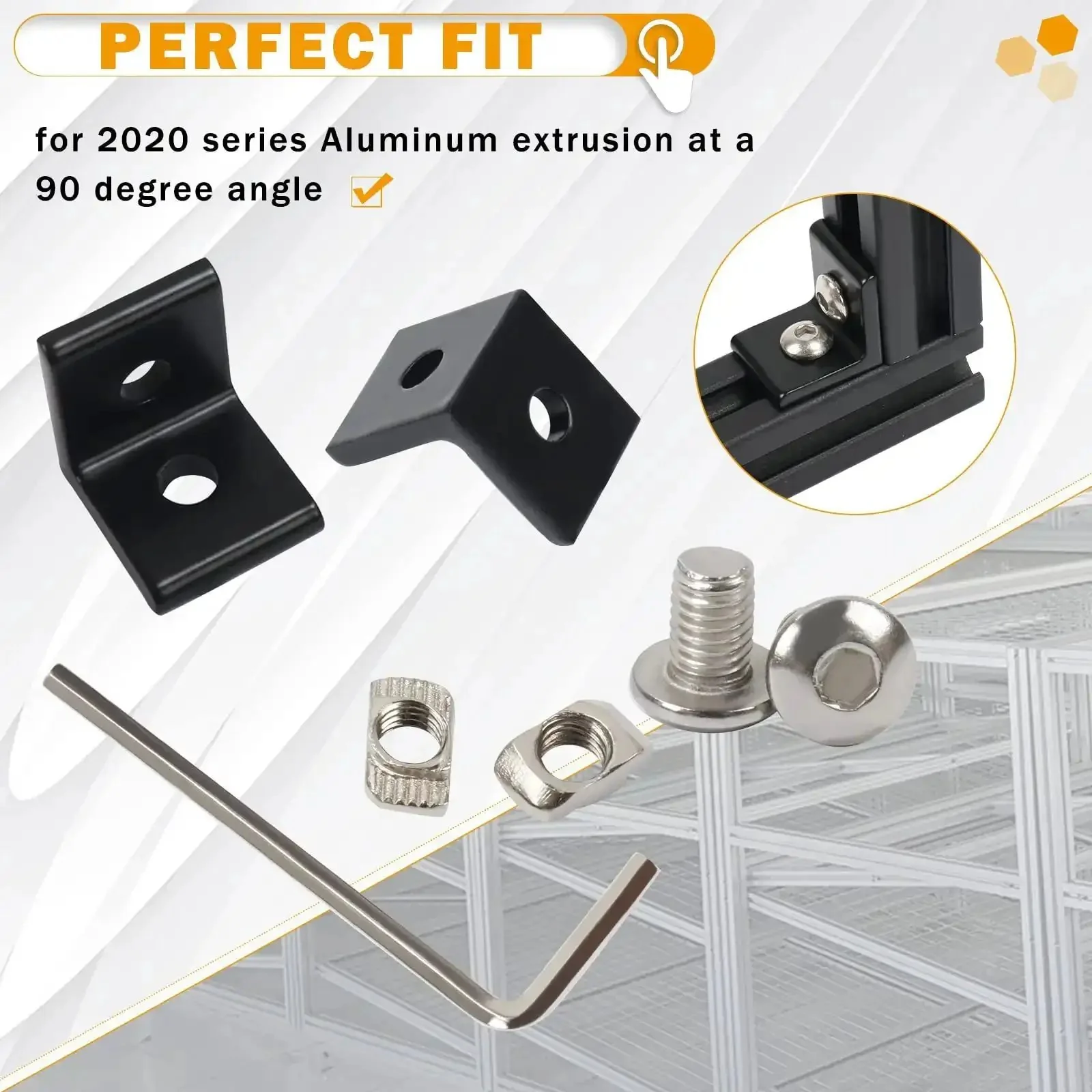 Ten Pack 2020 Series 2 Hole 90 Degree Inside Corner Bracket Kit For Aluminum Extrusion 6mm Slot Black L Corner Brackets With M5 Nuts And Screws Plus Wrench Included Heavy Duty Build For Industrial Frames - Image 4