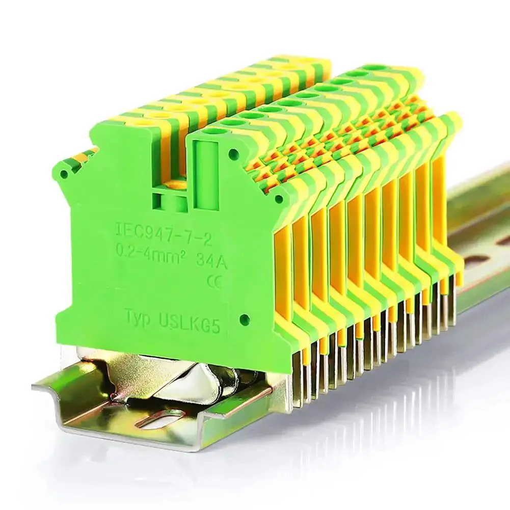 Ten Pack DIN Rail Ground Terminal Block With Screw Clamp Connectors For Industrial Control Panels, 690V 34A, Nylon PA66 Housing, Nickel Plated Screws, Easy DIN Rail Mount, Secure Locking And Solid Electrical Connection