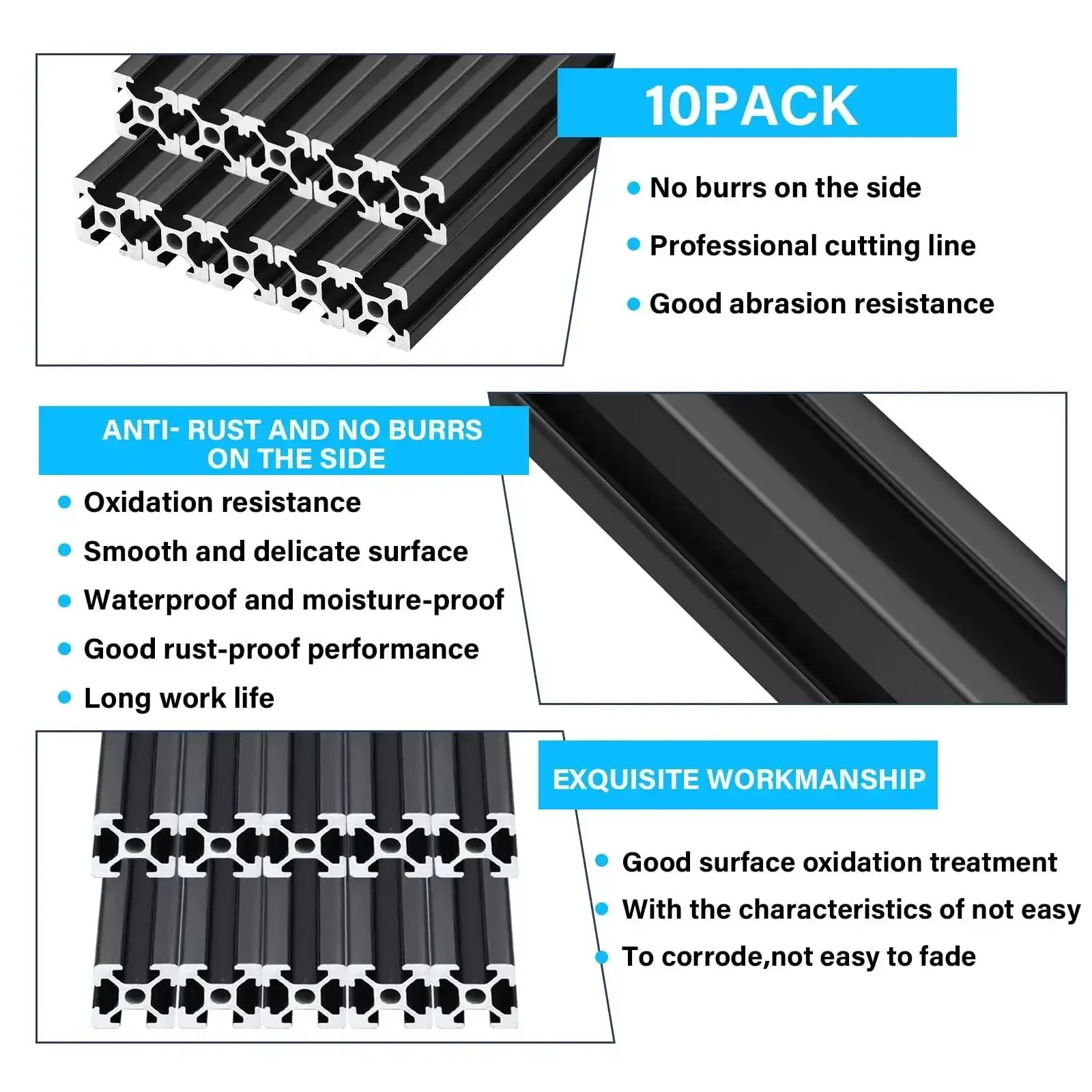 Ten Pieces Of 1000 MM 2020 Aluminum Extrusion European Standard Anodized Linear Rail For DIY CNC Workbench And 3D Printer Parts Black T Style Ideal For Makers And Hobbyists Building Custom Frames And Rigs - Image 3