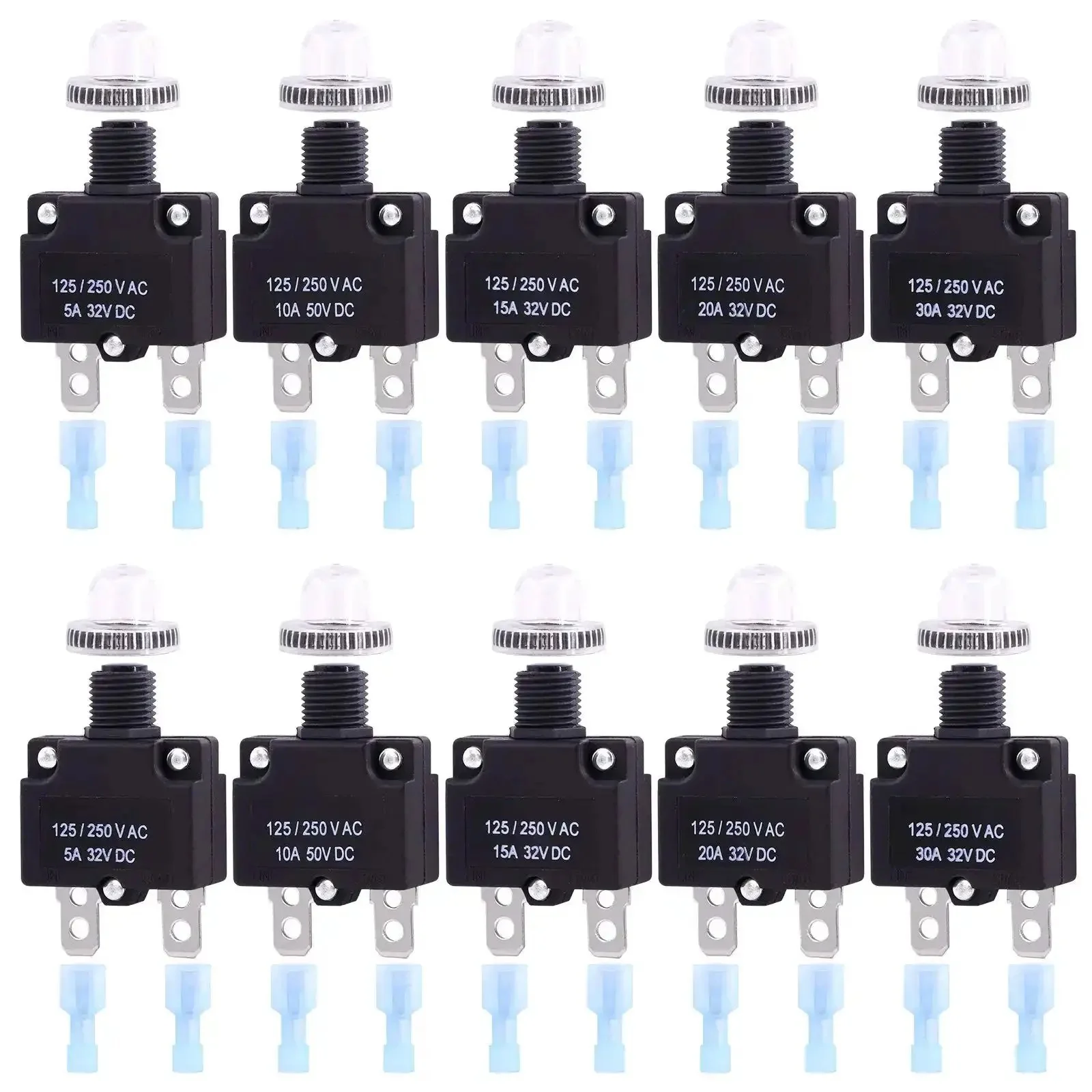 Thermal Circuit Breaker Kit With Quick Connect Terminals And Waterproof Button Caps 30Pcs 5 Sizes From 5Amp To 30Amp Includes 2 Pcs Each Rating And 20Pcs Quick Connect Terminals For High Density Circuit Protection And Plug And Play Switch Operation