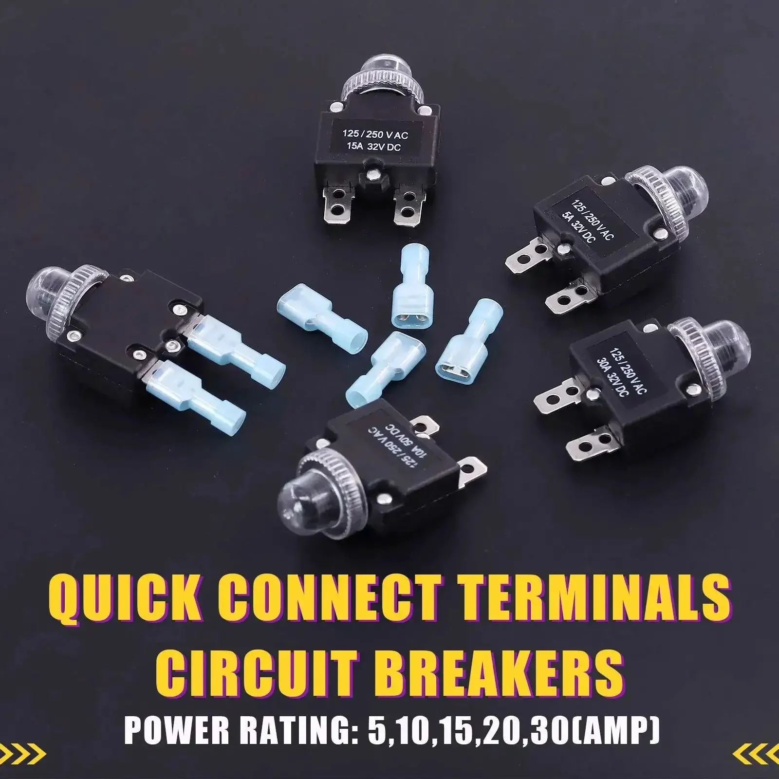 Thermal Circuit Breaker Kit With Quick Connect Terminals And Waterproof Button Caps 30Pcs 5 Sizes From 5Amp To 30Amp Includes 2 Pcs Each Rating And 20Pcs Quick Connect Terminals For High Density Circuit Protection And Plug And Play Switch Operation - Image 6
