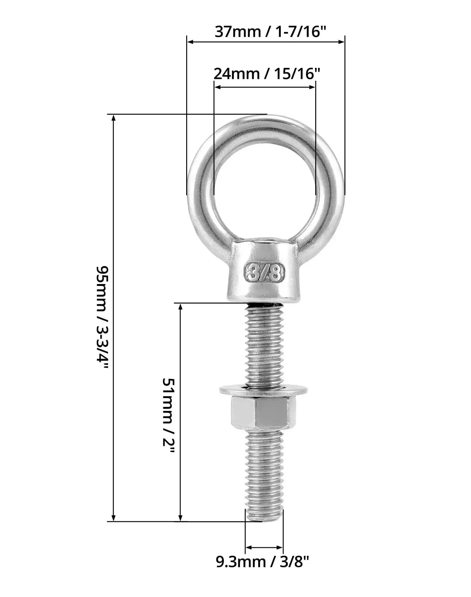 Threaded Eyebolts 10 Pack 3/8 X 2 Inches, 304 Stainless Steel Marine Grade Shoulder Eye Bolts, Rust Resistant, Easy Install With Nuts, For Ropes, Cables, Hooks and Jaws, Heavy Duty Marine Hardware - Image 8