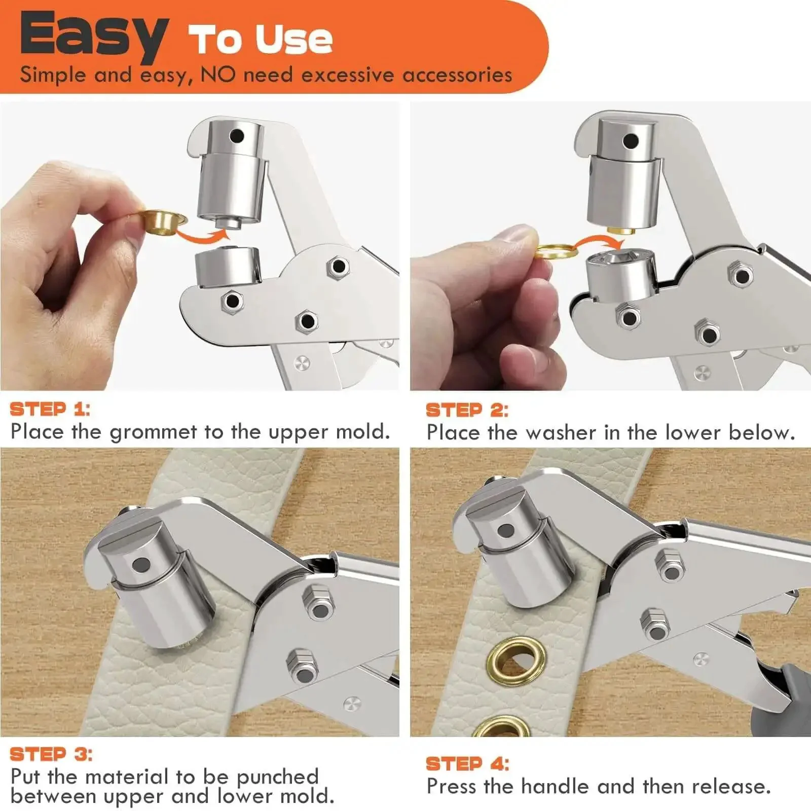 Three Eighth Inch Grommet Tool Kit Pro Grade Heavy Duty Handheld Pliers Set With 500 Eyelets For Fabric Tarps Leather Crafts Easy Grip Includes 250 Gold And 250 Silver 10mm Grommets - Image 4