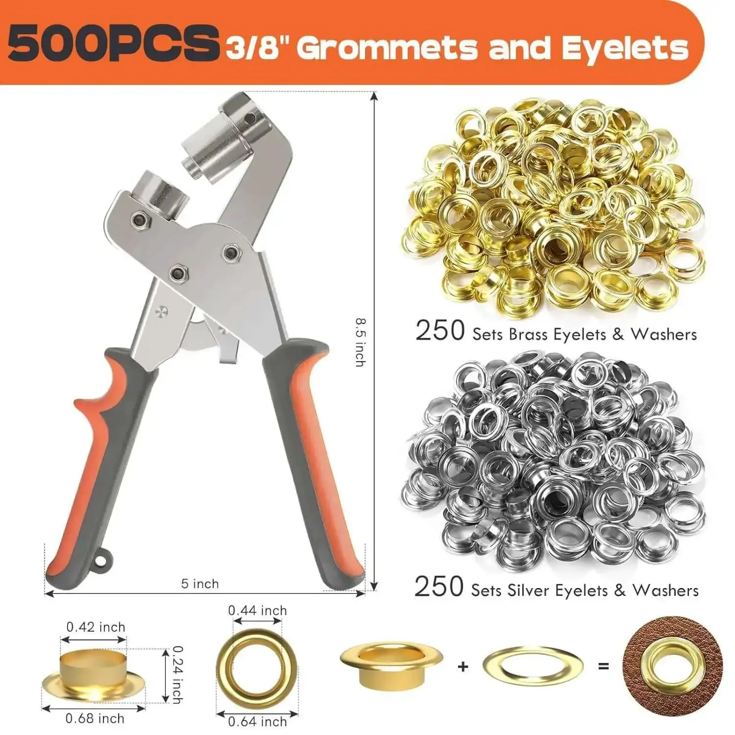Three Eighth Inch Grommet Tool Kit Pro Grade Heavy Duty Handheld Pliers Set With 500 Eyelets For Fabric Tarps Leather Crafts Easy Grip Includes 250 Gold And 250 Silver 10mm Grommets - Image 7
