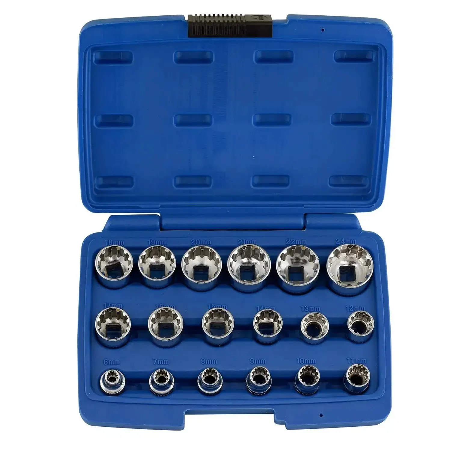 Three Eighths Drive Universal Socket Set 18 Piece Spline And SAE Metric Works On 6 Point 12 Point And Spline Fasteners Plus Square And ETorx Low Profile Chrome Vanadium Steel Sockets With Spline Bit For Rounded Fasteners