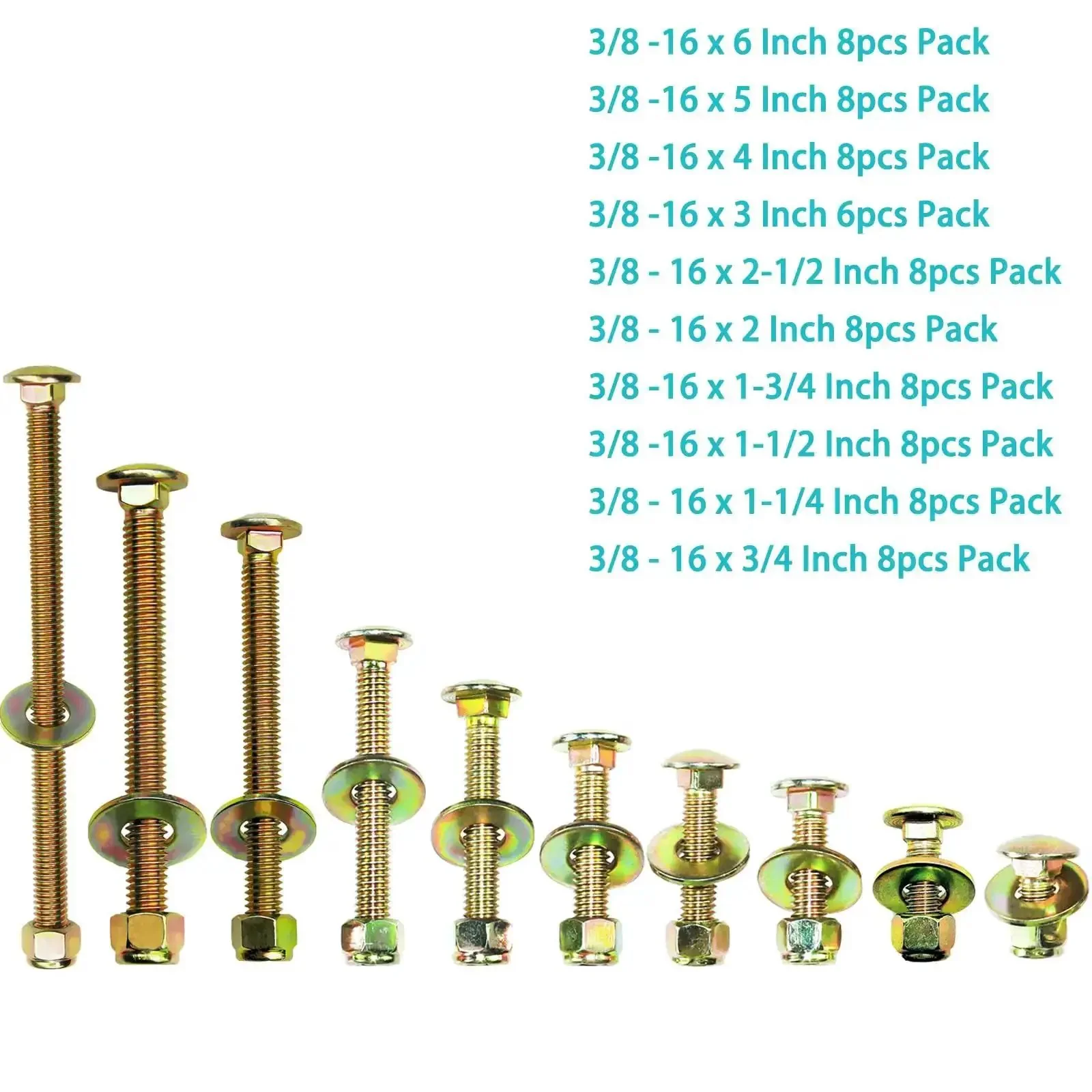 Three Eighths Inch By Six Inch Carriage Bolts With Square Neck And Nylon Lock Nuts, Large Washer Assortment Kit, Galvanized Color Coated Carbon Steel Grade 2 Fasteners, Eight Pack - Image 3