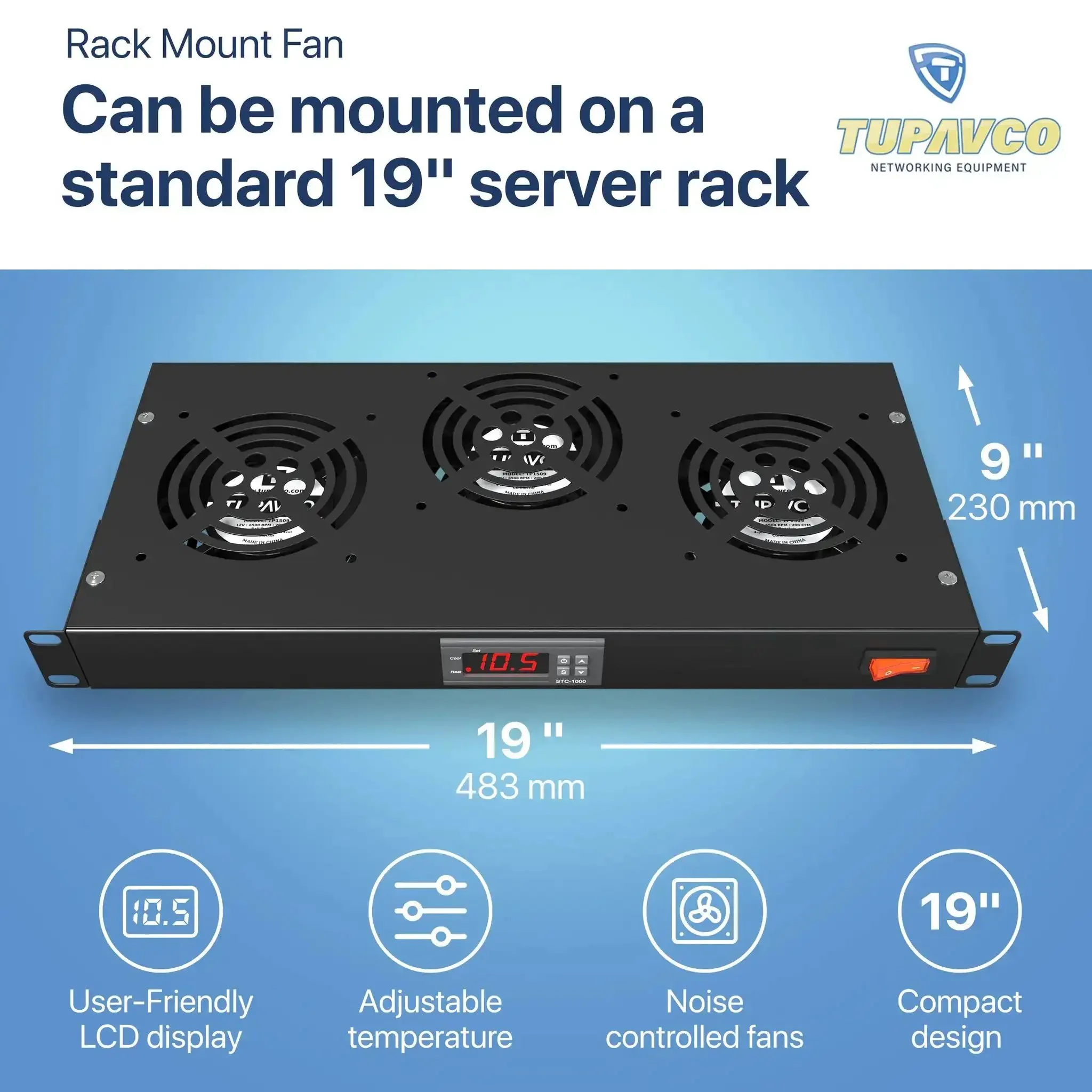 Three Fan Rack Mount Cooling System For 1U 19 Inch Server Cabinets With Adjustable Temperature Control, Digital Heat Monitor Display, Sensor Alarm, Overheat Protection, 225 CFM Top Exhaust, Quiet Yet Powerful Airflow - Image 8