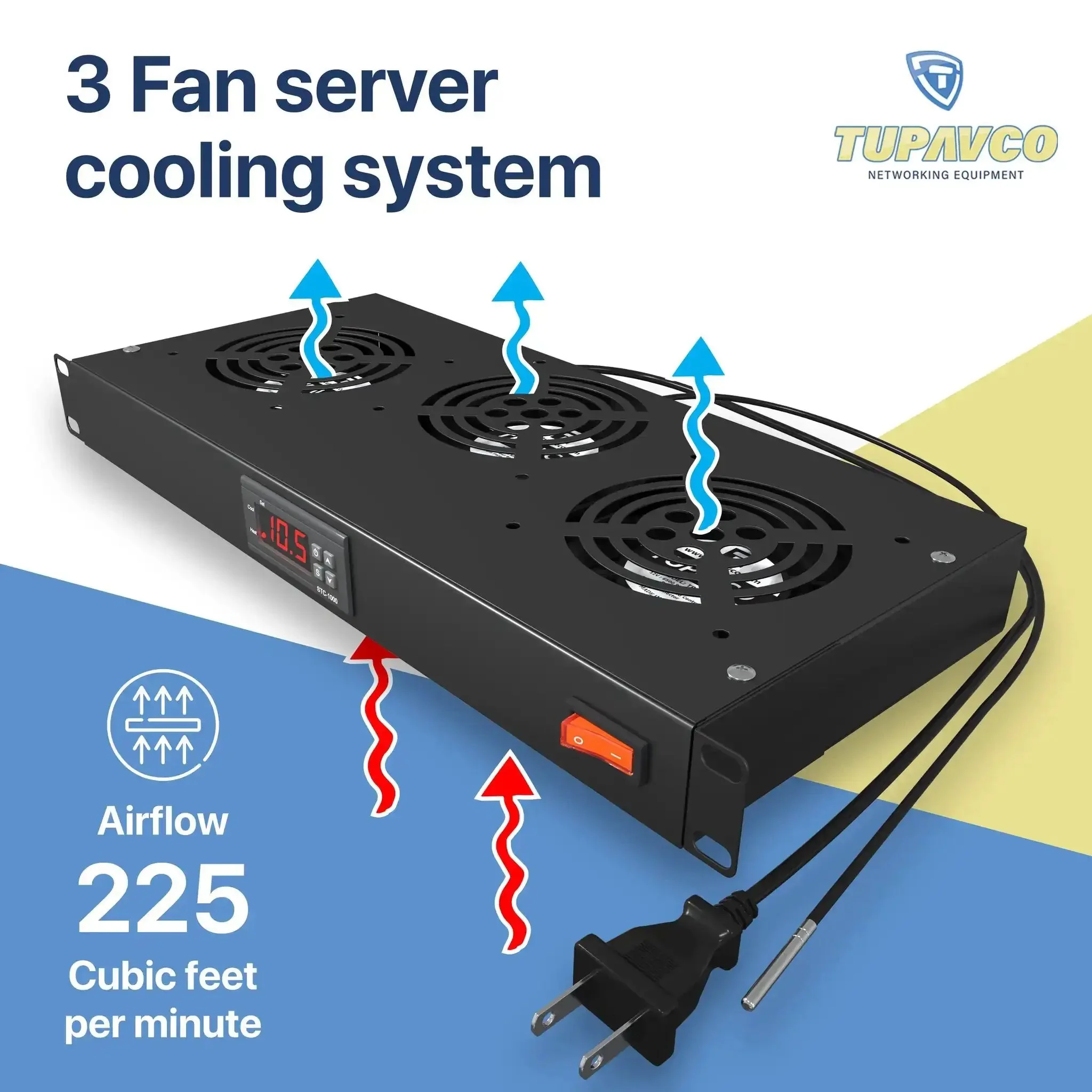 Three Fan Rack Mount Cooling System For 1U 19 Inch Server Cabinets With Adjustable Temperature Control, Digital Heat Monitor Display, Sensor Alarm, Overheat Protection, 225 CFM Top Exhaust, Quiet Yet Powerful Airflow - Image 9