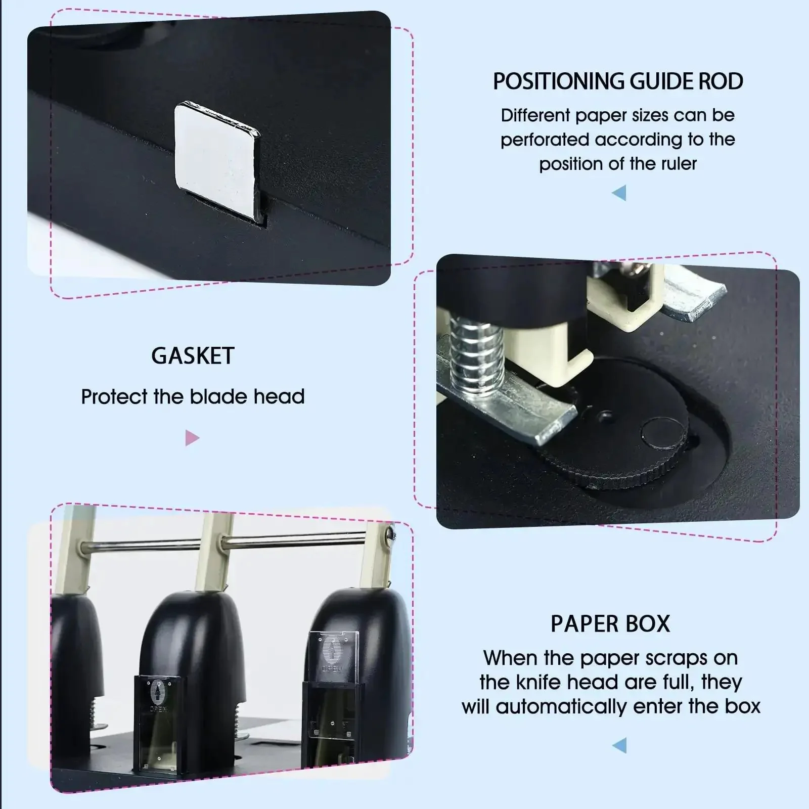 Three Hole Paper Punch For Office And Print Shop, Heavy Duty Metal Construction With Ergonomic Handle, Large Capacity Tray, Replaceable Cutter Head, Punches Up To 150 Sheets, A True Workhorse For Binders And Manuals - Image 3