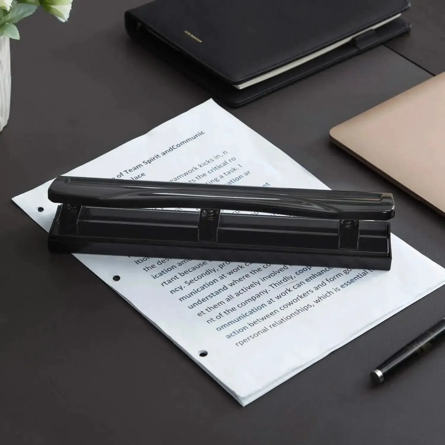 Three Hole Punch For Office And Home Use No Fuss Ten Sheets Puncher With Durable Metal Construction Black Finish And Easy Clean Tray Precise Holes For Standard Paper And Comfortable Ergonomic Handle - Image 2