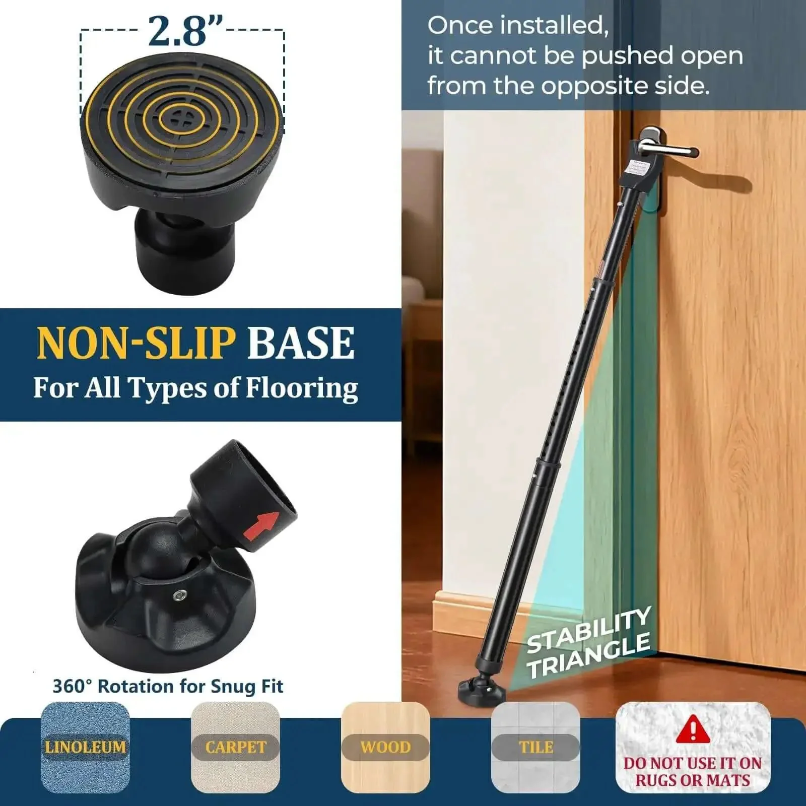 Three In One Door Security Bar For Doors Windows And Sliding Patios Beefy Heavy Duty Metal Rod With Two Point Eight Inch Non Slip Base 16 To 41.7 Inch Adjustable Barricade For Home Apartments And Renters - Image 5