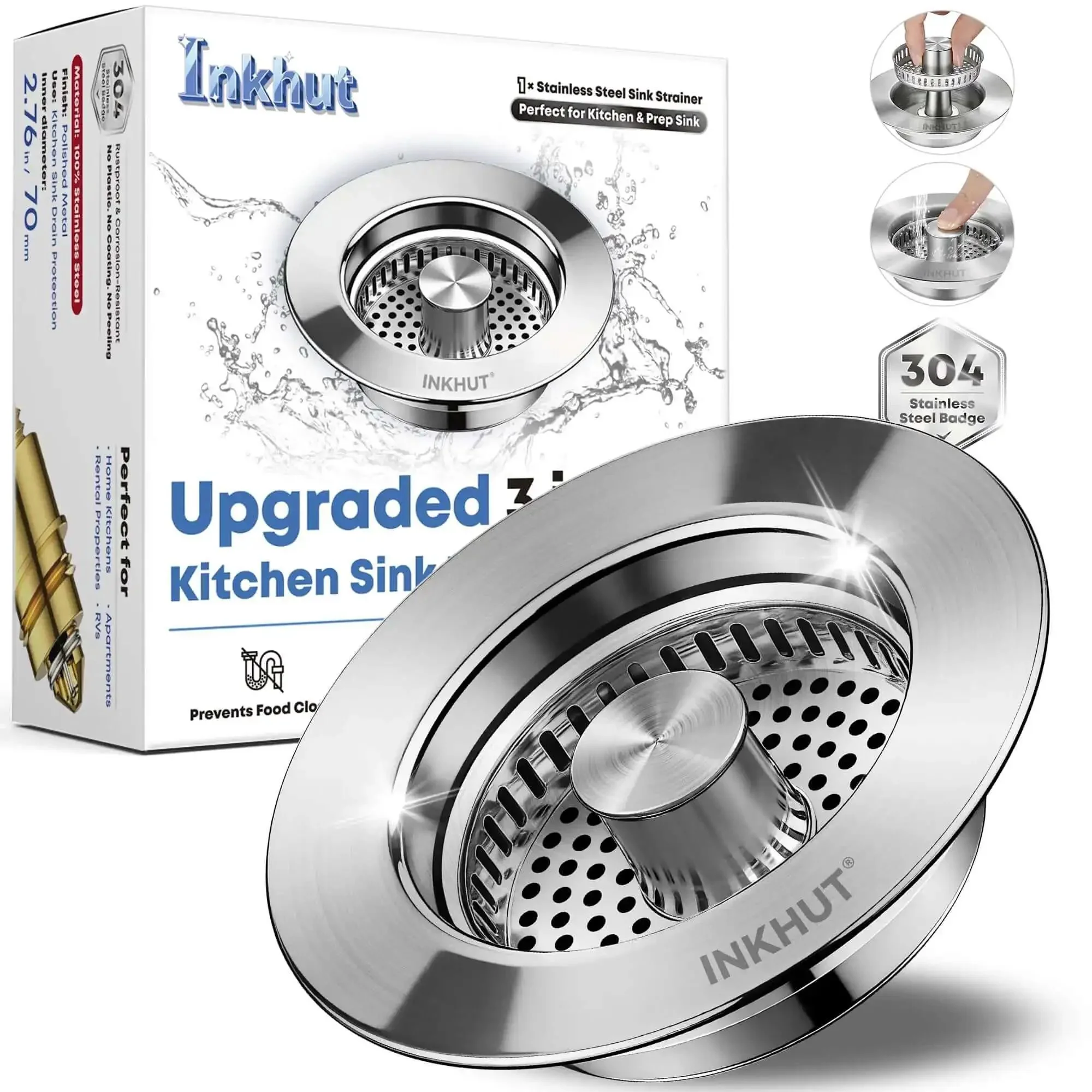 Three In One Kitchen Sink Drain Strainer Stopper Basket With Odor Filter And Anti Clog Tech For US Standard Three And A Half Inch Drain Stainless Steel Silver 1 Pack No Fuss No Mess