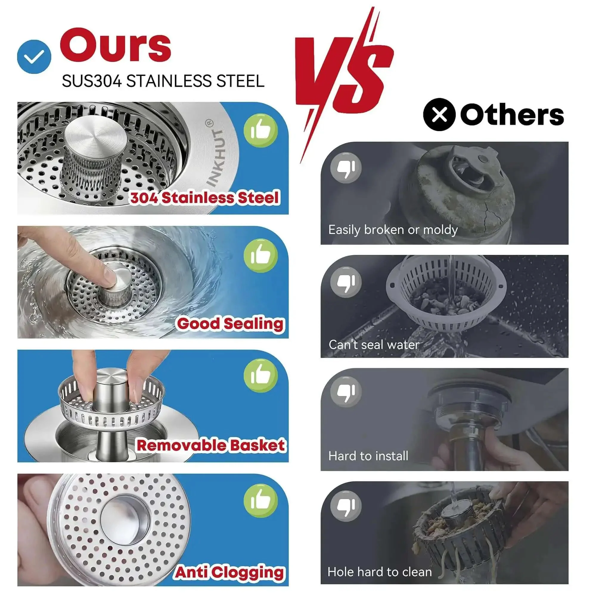 Three In One Kitchen Sink Drain Strainer Stopper Basket With Odor Filter And Anti Clog Tech For US Standard Three And A Half Inch Drain Stainless Steel Silver 1 Pack No Fuss No Mess - Image 8