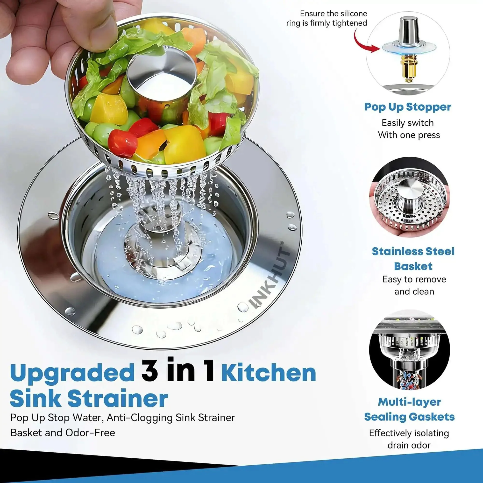 Three In One Kitchen Sink Drain Strainer Stopper Basket With Odor Filter And Anti Clog Tech For US Standard Three And A Half Inch Drain Stainless Steel Silver 1 Pack No Fuss No Mess - Image 9