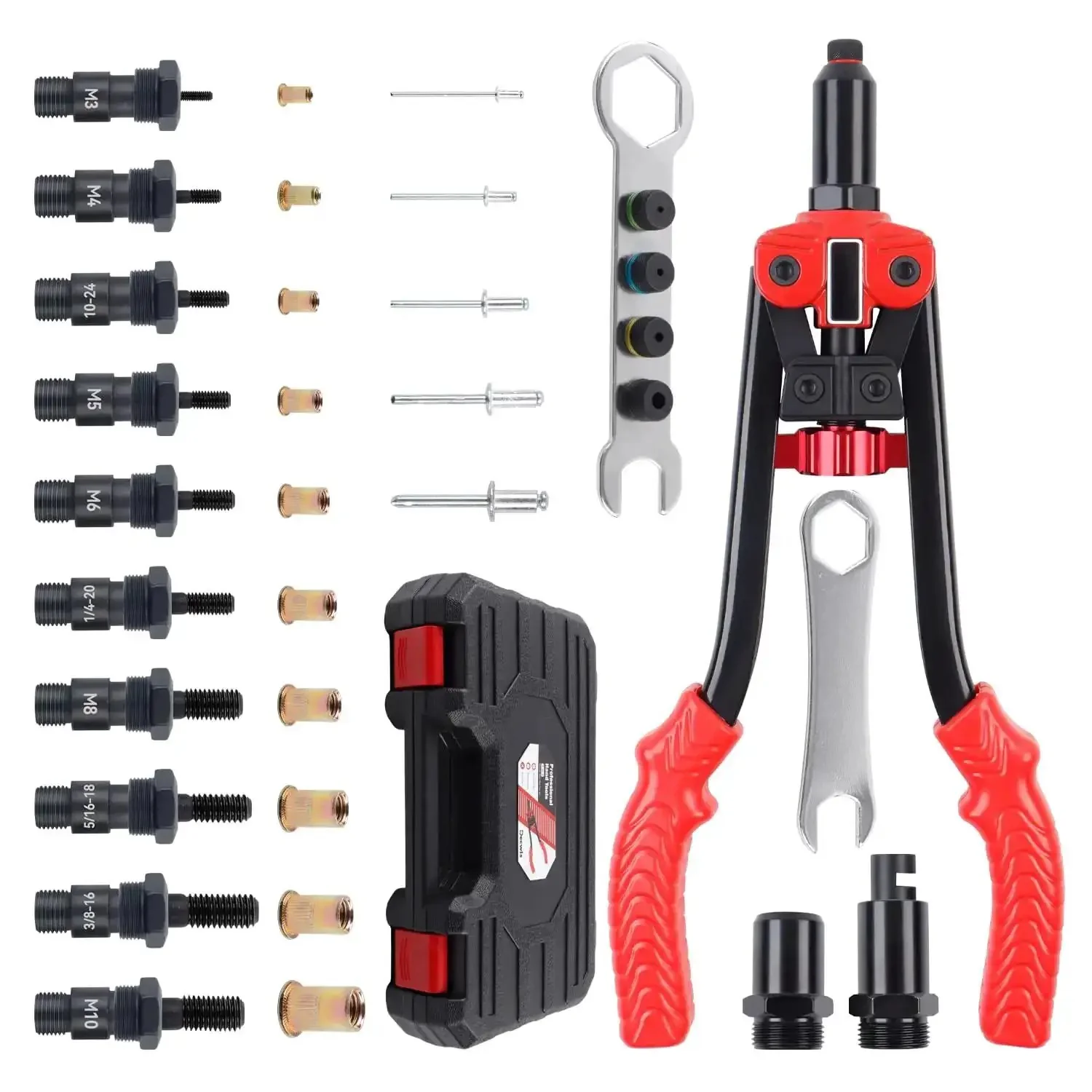 Three In One Rivet Nut Tool Kit With Hand Rivet Gun And Reamer Includes 6 Metric And 4 SAE Mandrels 5 Rivet Heads 111 Rivet Nuts And 83 Rivets Carrying Case Your Everyday Go To Riveter For Car Home And DIY Projects