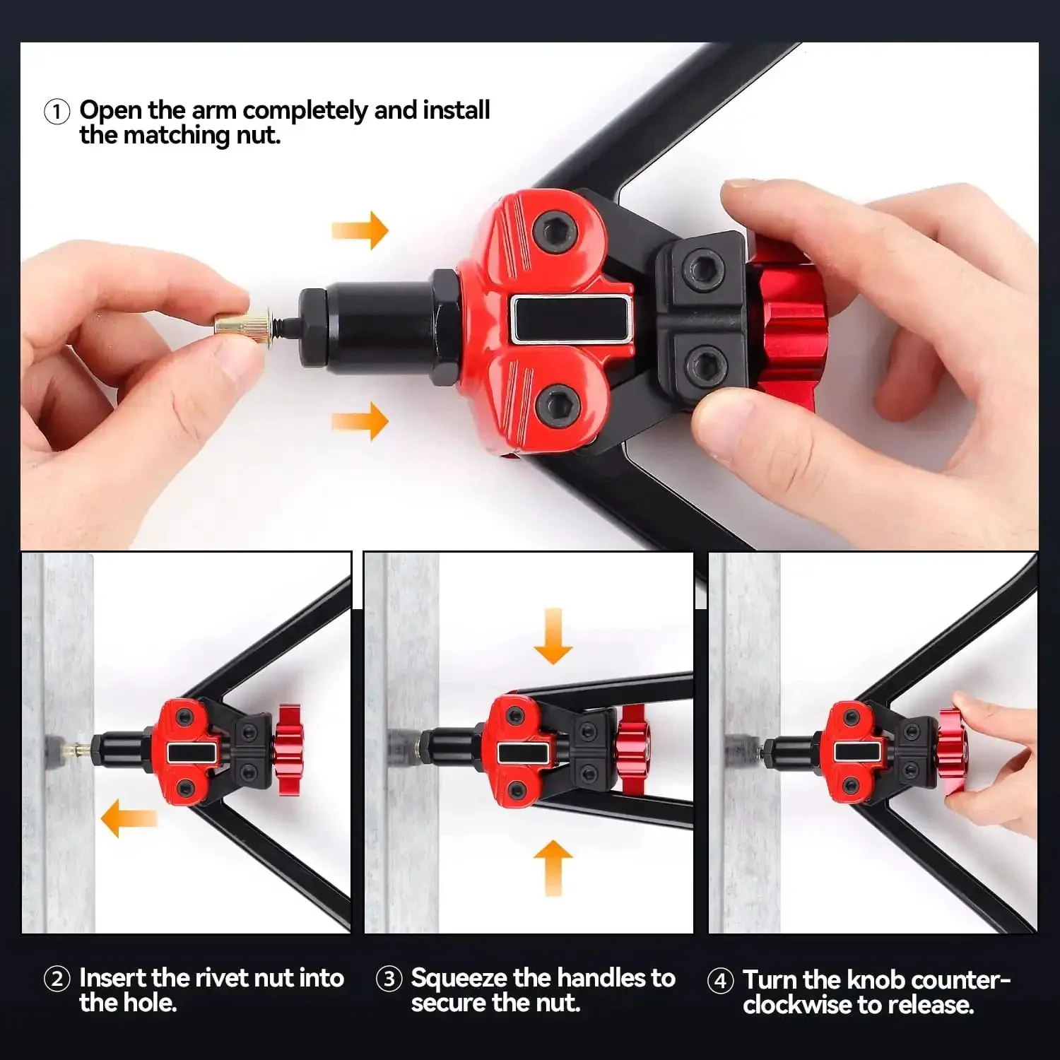 Three In One Rivet Nut Tool Kit With Hand Rivet Gun And Reamer Includes 6 Metric And 4 SAE Mandrels 5 Rivet Heads 111 Rivet Nuts And 83 Rivets Carrying Case Your Everyday Go To Riveter For Car Home And DIY Projects - Image 3