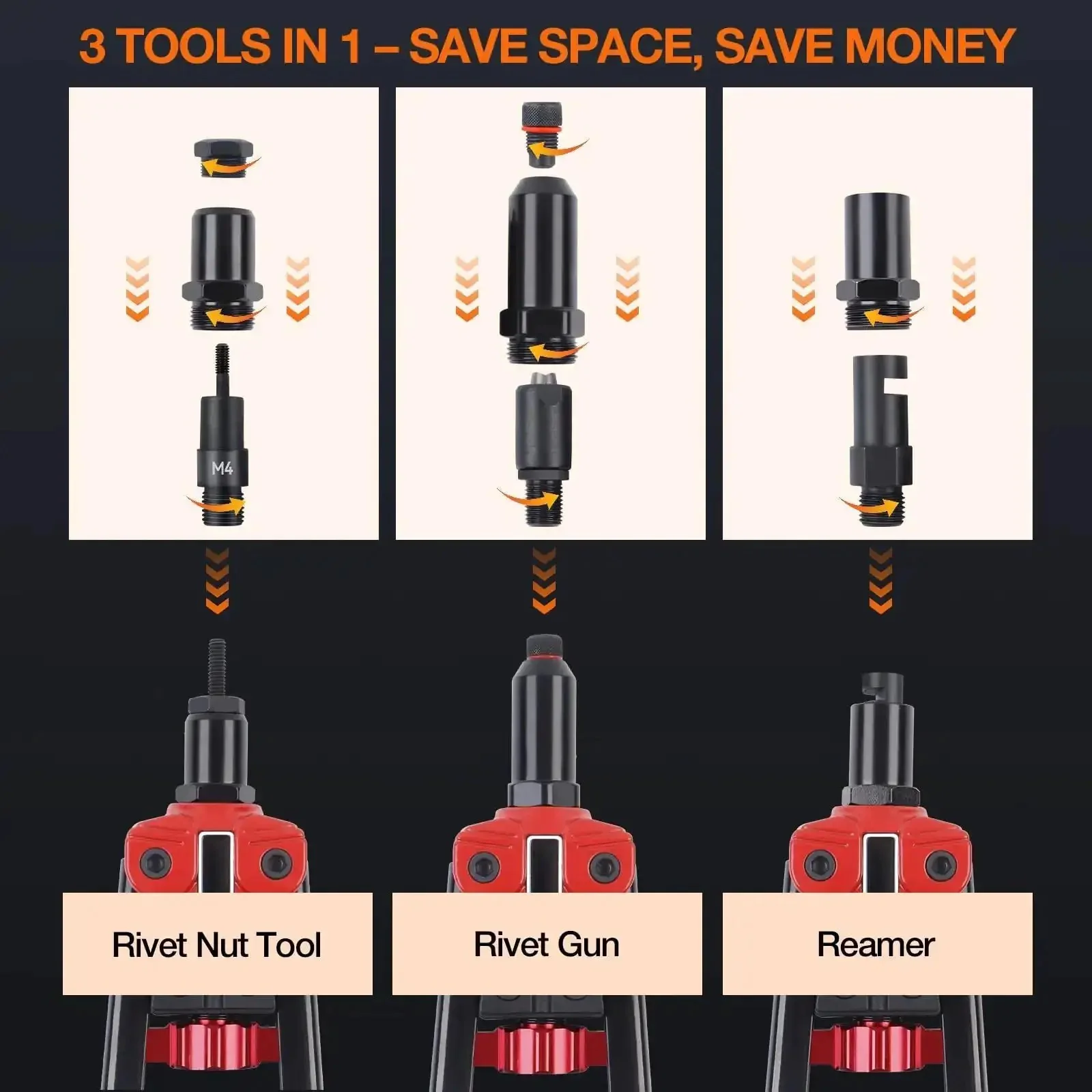 Three In One Rivet Nut Tool Kit With Hand Rivet Gun And Reamer Includes 6 Metric And 4 SAE Mandrels 5 Rivet Heads 111 Rivet Nuts And 83 Rivets Carrying Case Your Everyday Go To Riveter For Car Home And DIY Projects - Image 8