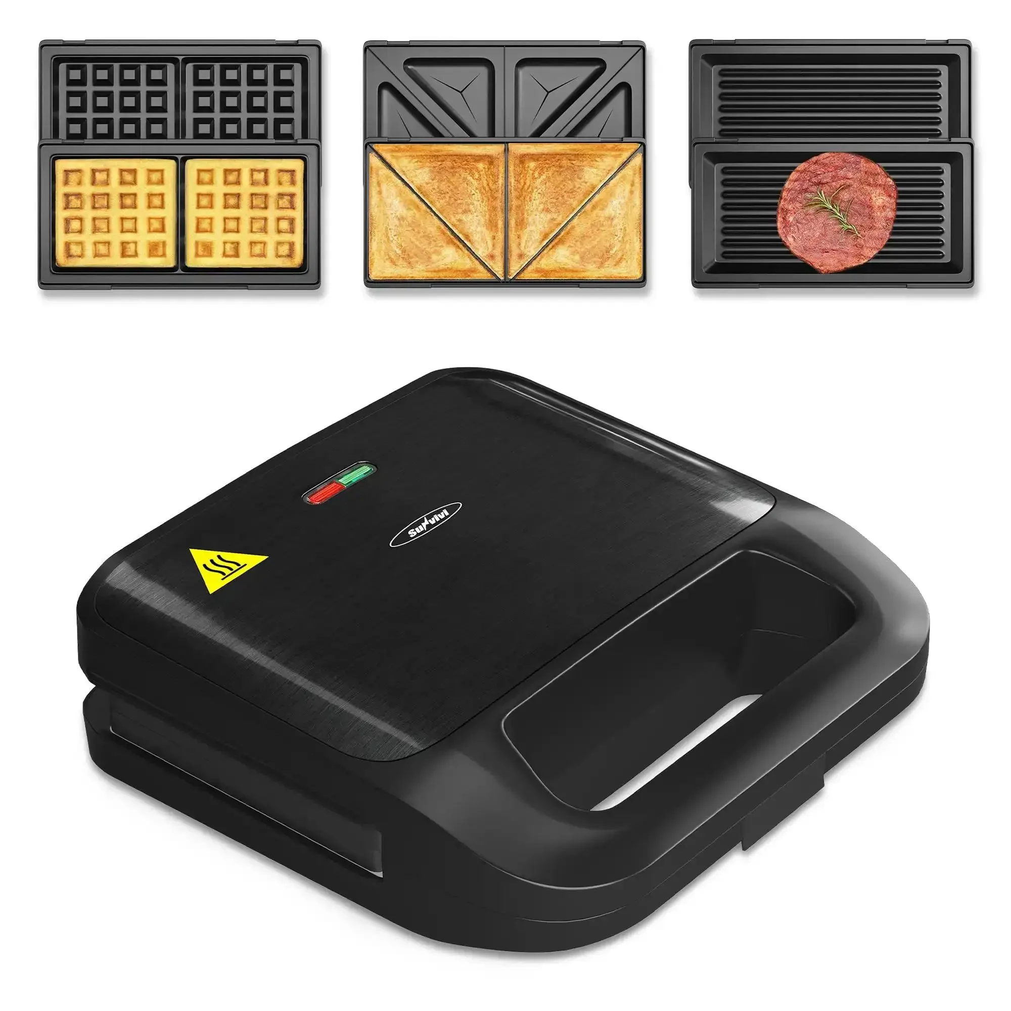 Three In One Sandwich And Waffle Maker With Removable Plates Panini Press Nonstick Plates Indicator Lights And Cool Touch Handle 750W Black Kitchen Gadget For Grab And Go Breakfasts And Tasty Snacks