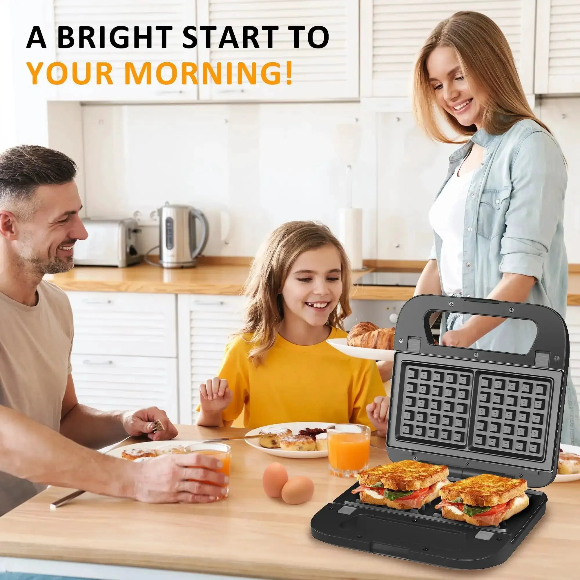 Three In One Sandwich And Waffle Maker With Removable Plates Panini Press Nonstick Plates Indicator Lights And Cool Touch Handle 750W Black Kitchen Gadget For Grab And Go Breakfasts And Tasty Snacks - Image 3