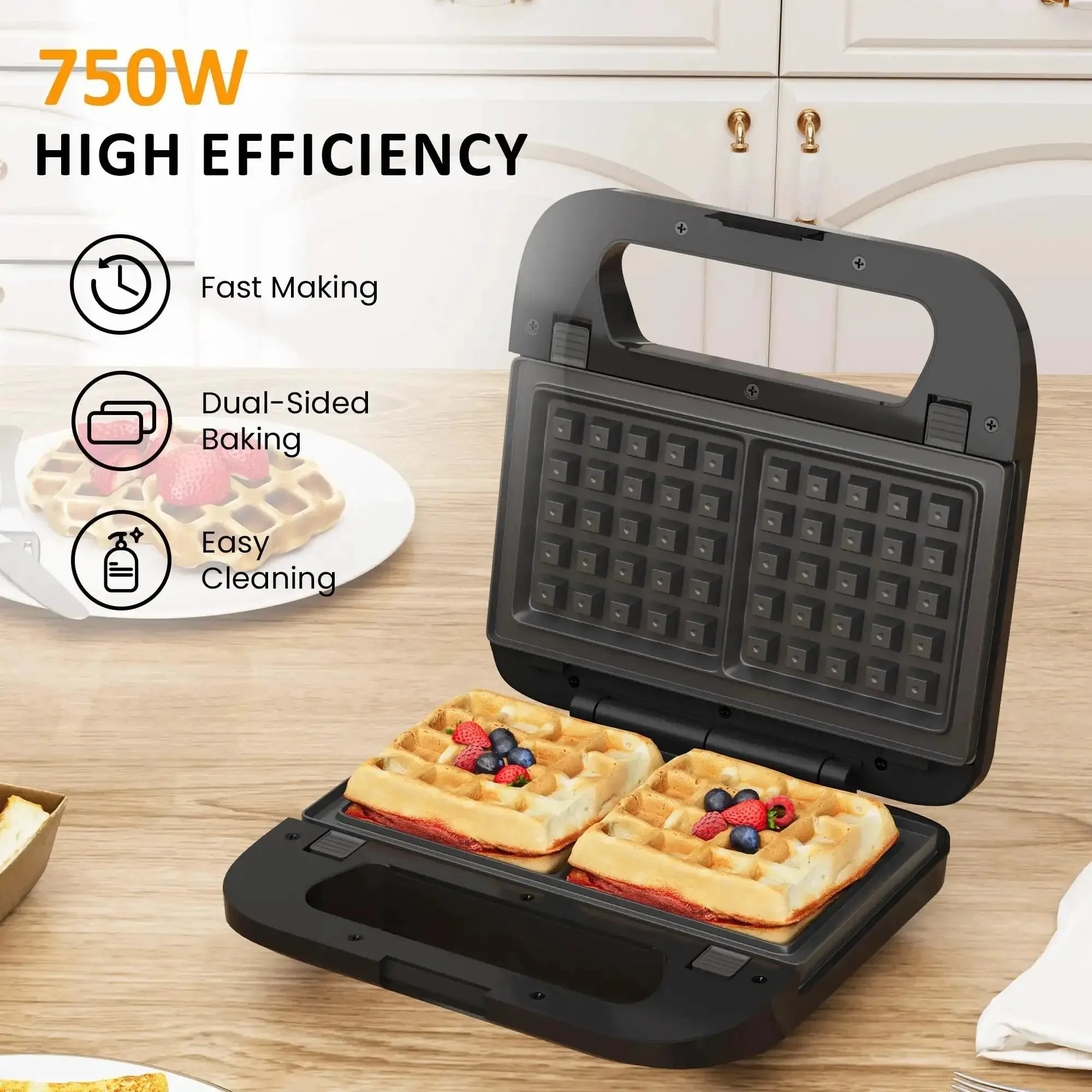 Three In One Sandwich And Waffle Maker With Removable Plates Panini Press Nonstick Plates Indicator Lights And Cool Touch Handle 750W Black Kitchen Gadget For Grab And Go Breakfasts And Tasty Snacks - Image 6