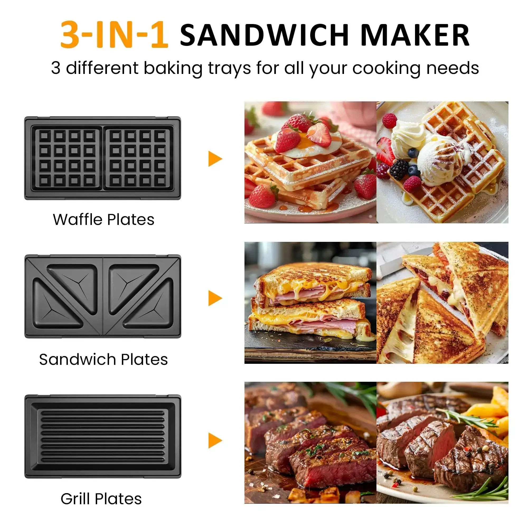 Three In One Sandwich And Waffle Maker With Removable Plates Panini Press Nonstick Plates Indicator Lights And Cool Touch Handle 750W Black Kitchen Gadget For Grab And Go Breakfasts And Tasty Snacks - Image 8