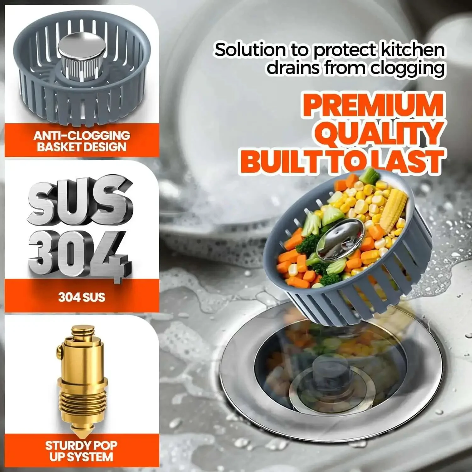 Three In One Sink Stopper And Strainer Set, Stainless Steel Drain Plug With Anti Clog Basket And Pop Up Cover, A Must-Have For Busy Kitchens, Fits Standard 3-1/2 Inch Openings For Double Bowl Sinks, 2 Pack - Image 5