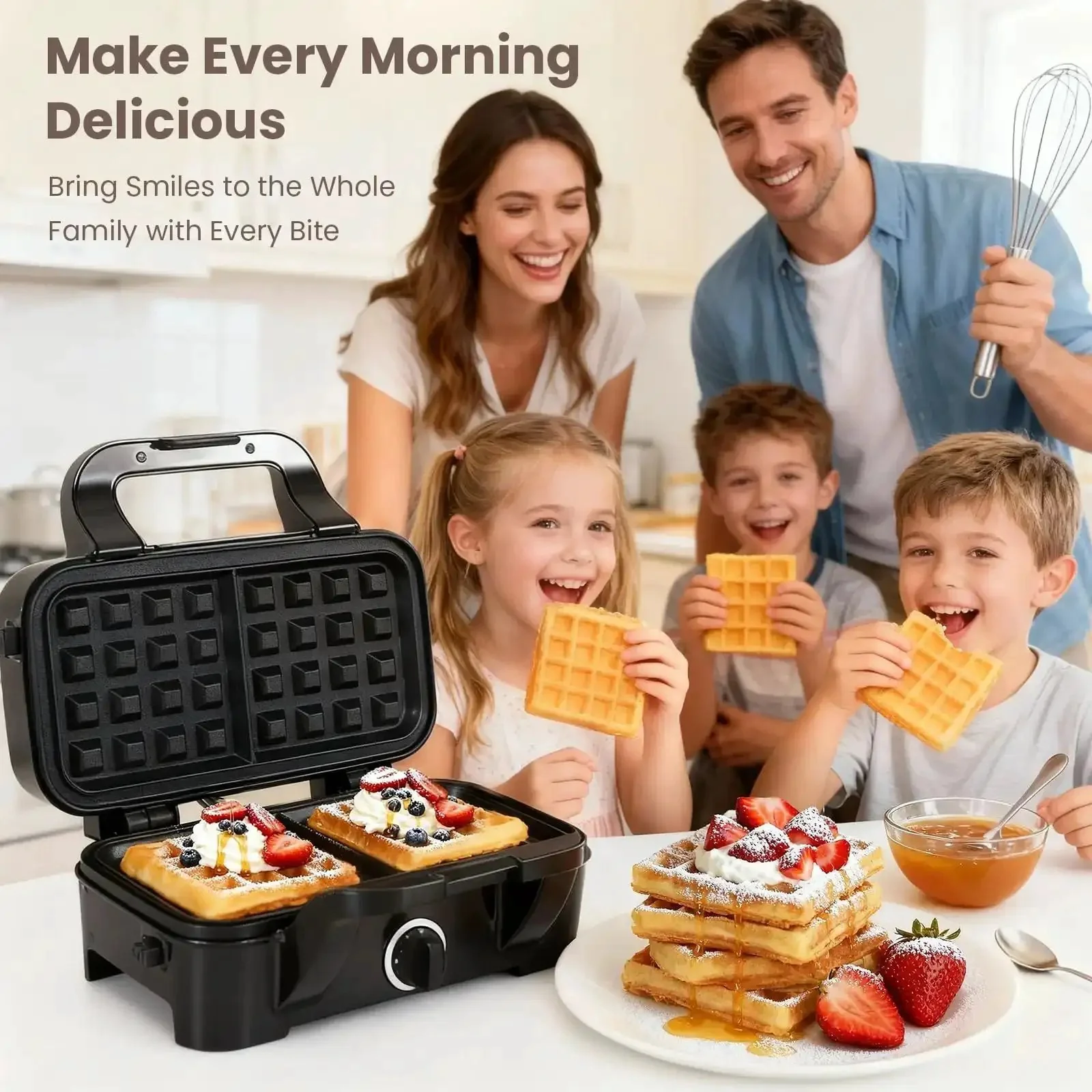 Three In One Waffle Maker With Removable Plates For Waffles Sandwiches And Pancakes Nonstick Surfaces Five Level Browning Control And Ready Indicator Lights Easy To Clean 1200W Fast Heating For Family Breakfasts Weekend Ready Meal Prep - Image 4