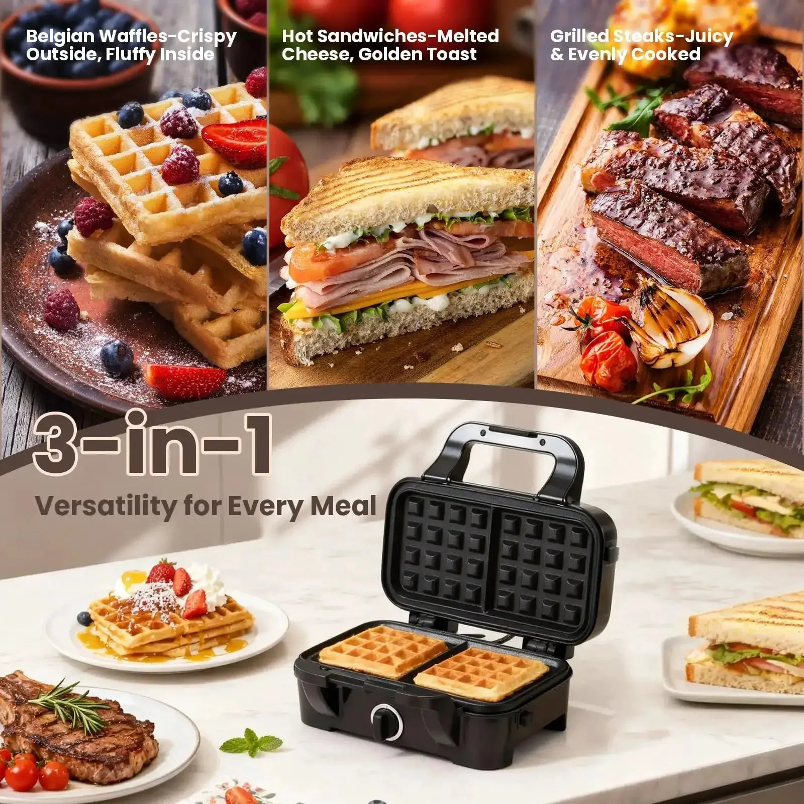 Three In One Waffle Maker With Removable Plates For Waffles Sandwiches And Pancakes Nonstick Surfaces Five Level Browning Control And Ready Indicator Lights Easy To Clean 1200W Fast Heating For Family Breakfasts Weekend Ready Meal Prep - Image 7