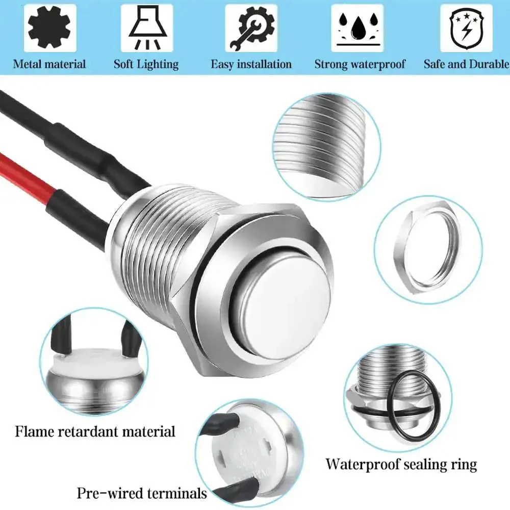 Three Pack 12mm Prewired High Head Waterproof Latching Push Button Switch Self Locking Stainless Steel On Off 2A 12V 24V 125V 250V AC Built Tough For Industrial DIY Projects Marine Equipment Arcade Cabinets - Image 4