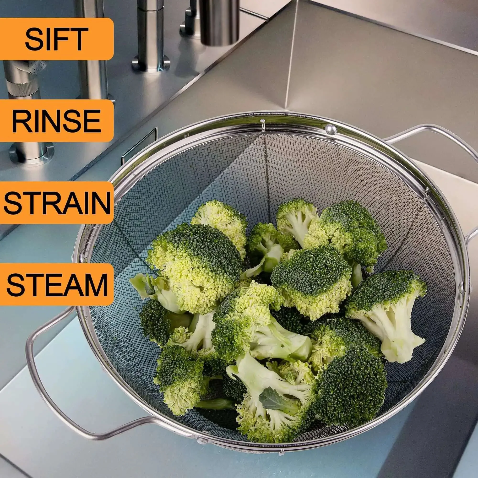 Three Pack 18/8 Stainless Steel Colander Sieves Set With Handy Handles And Resting Base For No Fuss Straining Draining Rinsing Or Steaming In 5 Quart 4 Quart And 3 Quart Sizes - Image 4