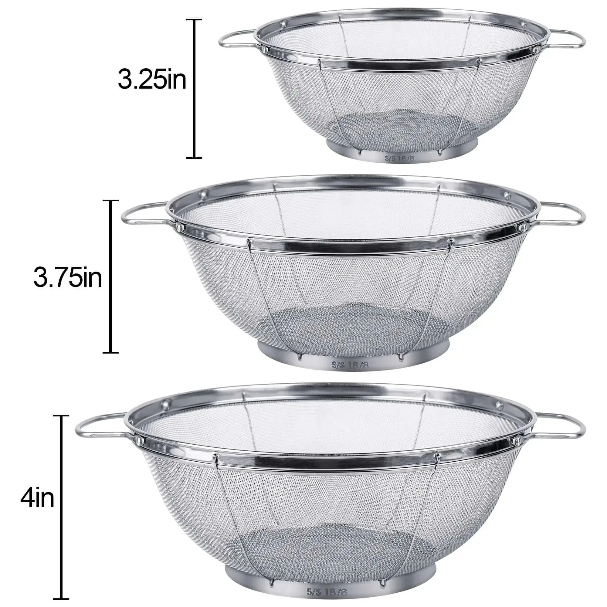 Three Pack 18/8 Stainless Steel Colander Sieves Set With Handy Handles And Resting Base For No Fuss Straining Draining Rinsing Or Steaming In 5 Quart 4 Quart And 3 Quart Sizes - Image 5