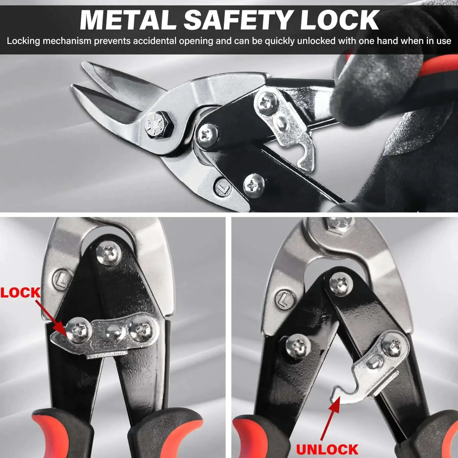 Three Pack Aviation Tin Snips For Cutting Metal Sheets With Heavy Duty CRV Steel Blades 10 Inch Sheet Metal Cutters With Safety Lock And Ergonomic Grip For Straight Left And Right Cuts - Image 4