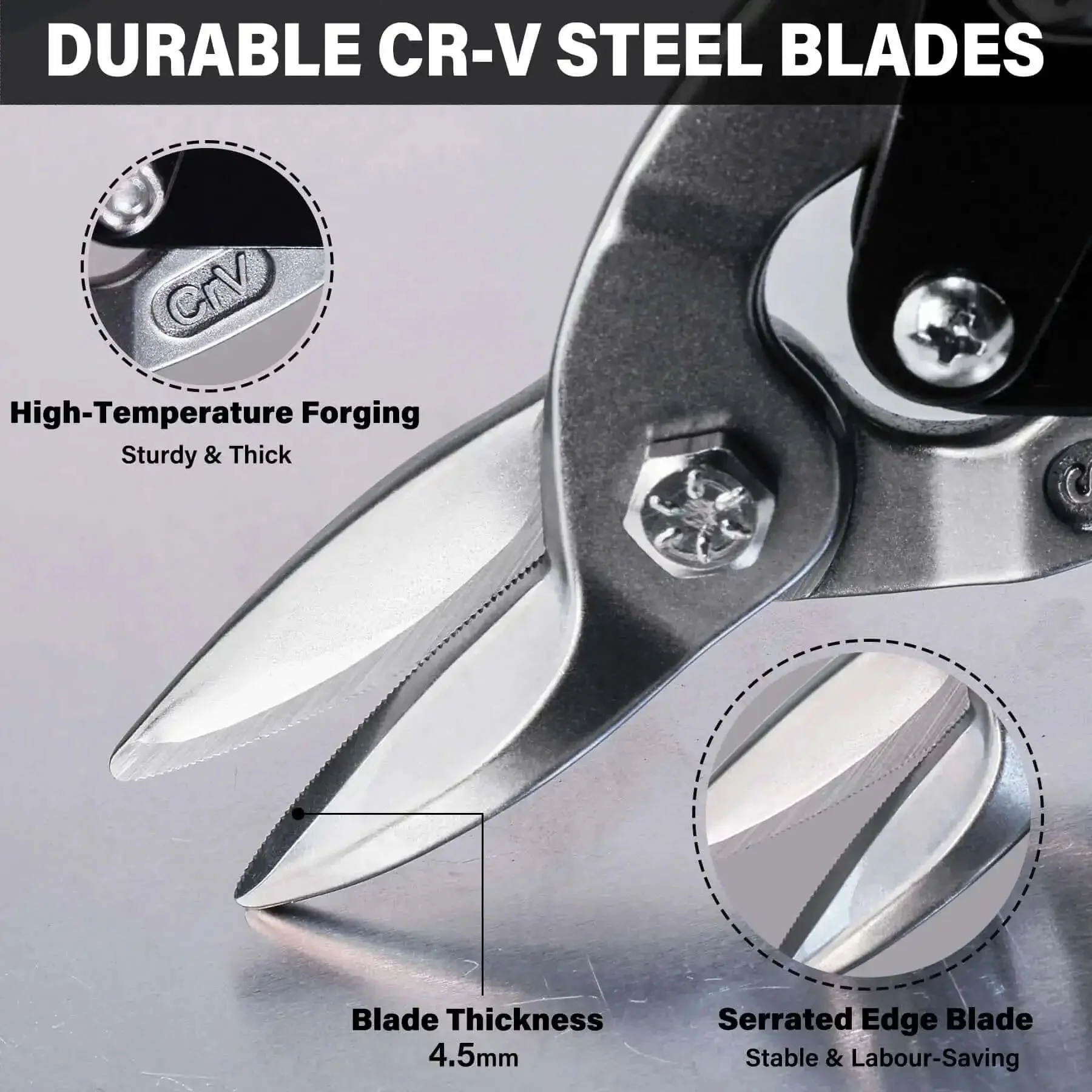 Three Pack Aviation Tin Snips For Cutting Metal Sheets With Heavy Duty CRV Steel Blades 10 Inch Sheet Metal Cutters With Safety Lock And Ergonomic Grip For Straight Left And Right Cuts - Image 6
