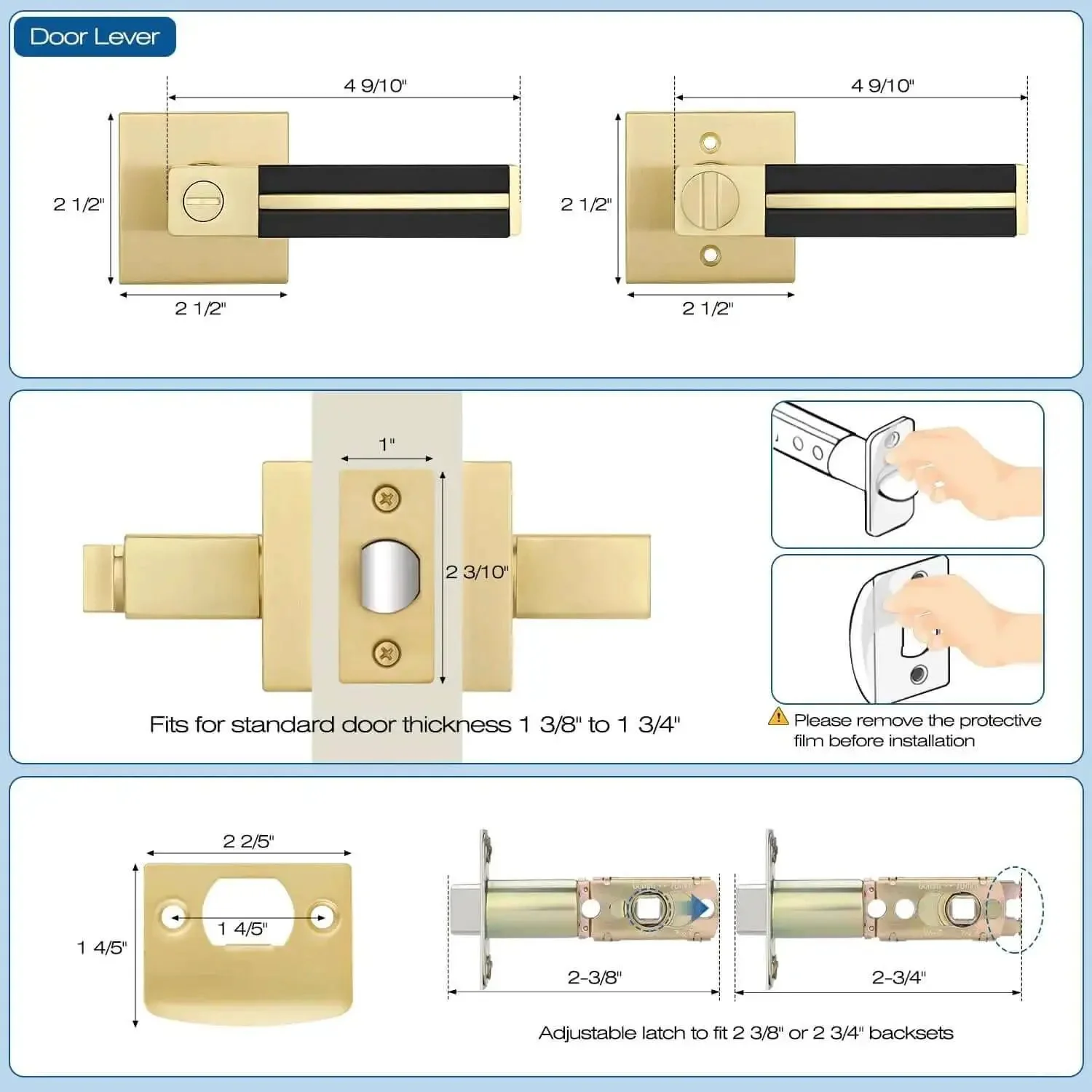 Three Pack Brass Door Handles With Black Leather Levers, Gold Privacy Door Levers For Bed And Bath, Keyless Interior Door Handles With Turn Thumb Lock, Heavy Duty Modern Design For Secure Privacy And Easy Access - Image 3