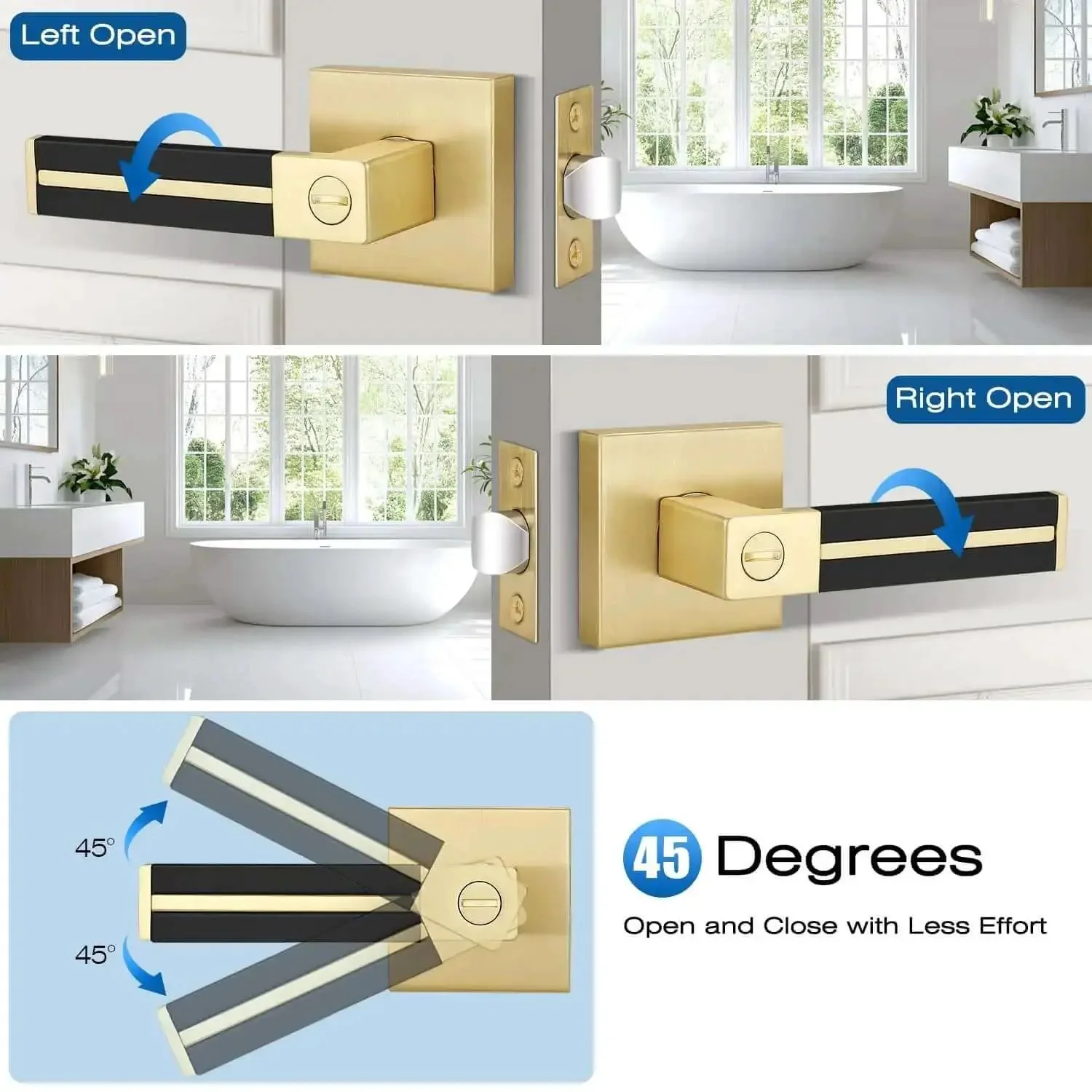 Three Pack Brass Door Handles With Black Leather Levers, Gold Privacy Door Levers For Bed And Bath, Keyless Interior Door Handles With Turn Thumb Lock, Heavy Duty Modern Design For Secure Privacy And Easy Access - Image 4