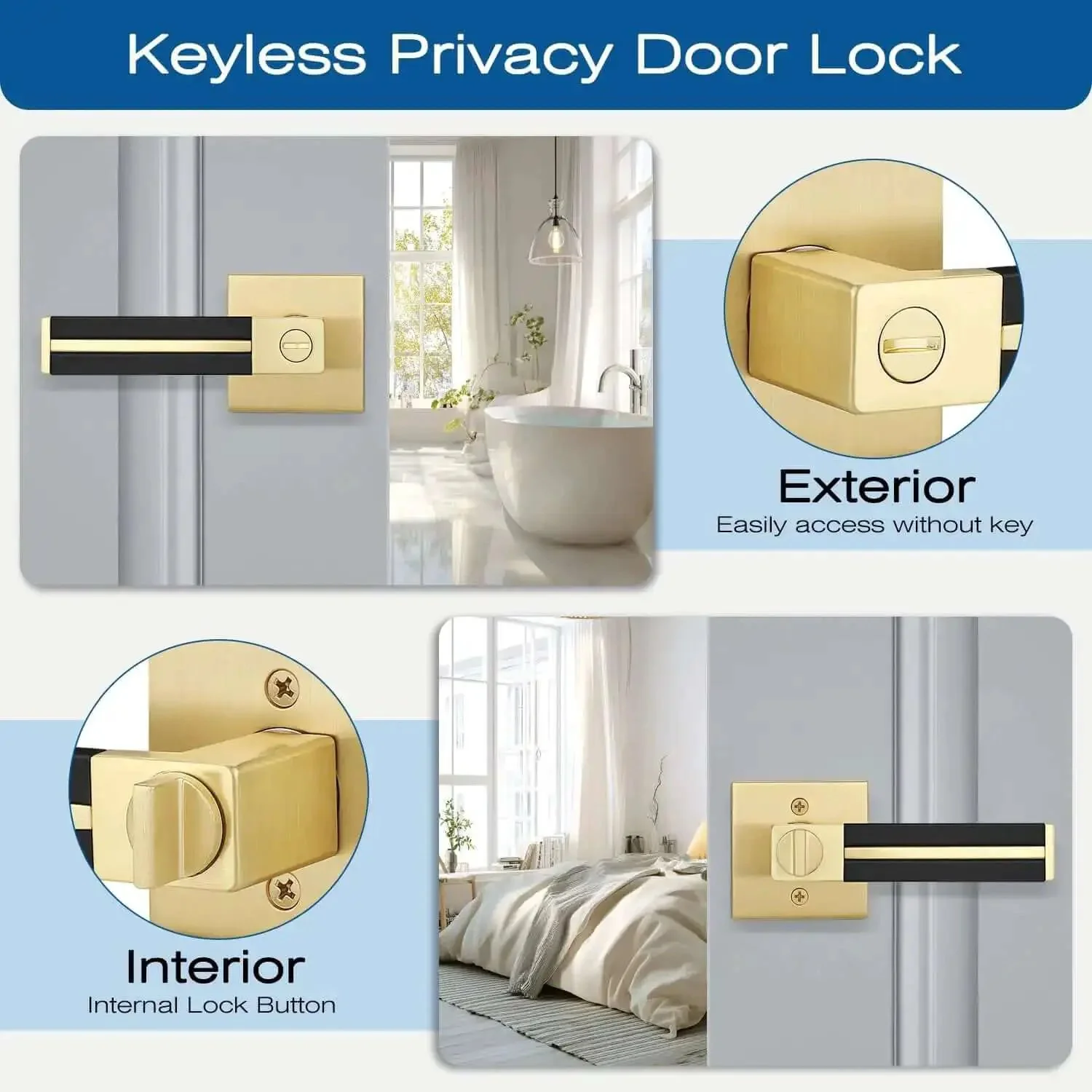 Three Pack Brass Door Handles With Black Leather Levers, Gold Privacy Door Levers For Bed And Bath, Keyless Interior Door Handles With Turn Thumb Lock, Heavy Duty Modern Design For Secure Privacy And Easy Access - Image 6