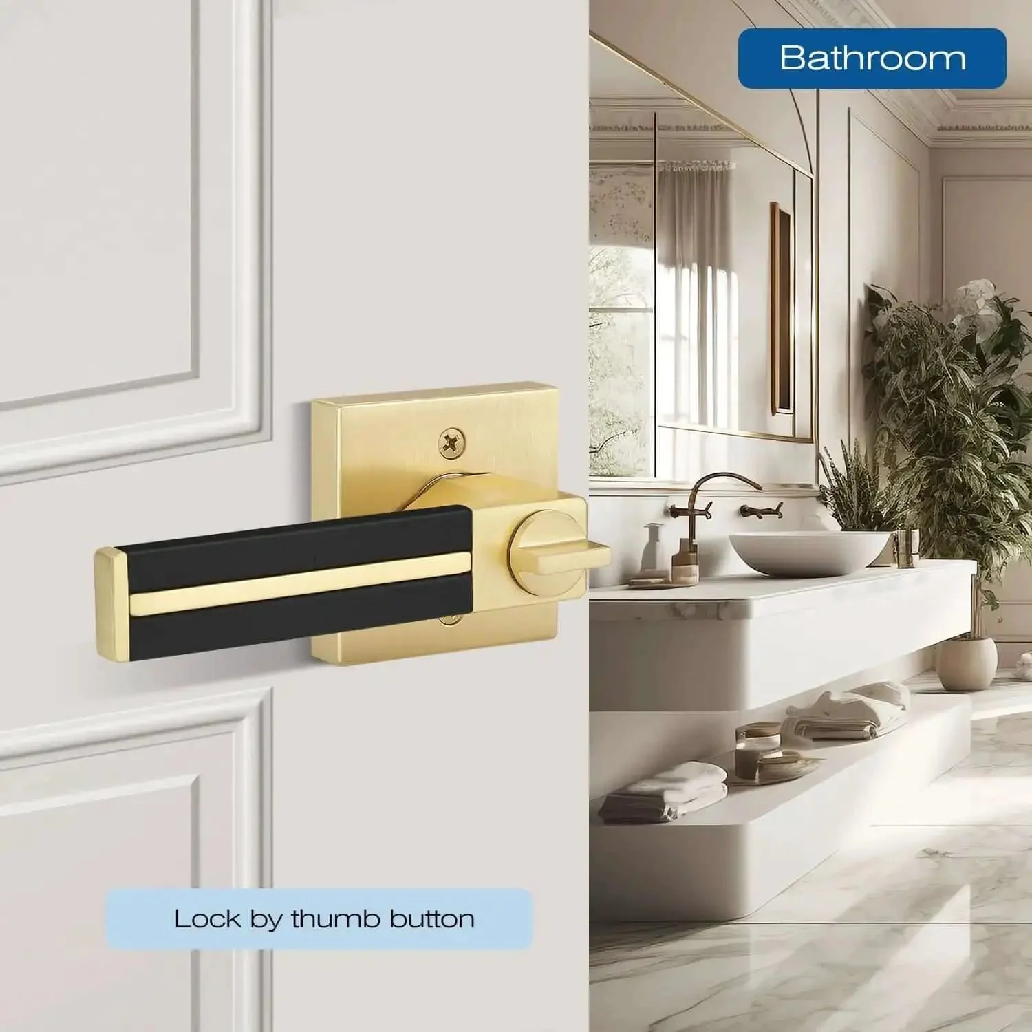Three Pack Brass Door Handles With Black Leather Levers, Gold Privacy Door Levers For Bed And Bath, Keyless Interior Door Handles With Turn Thumb Lock, Heavy Duty Modern Design For Secure Privacy And Easy Access - Image 7